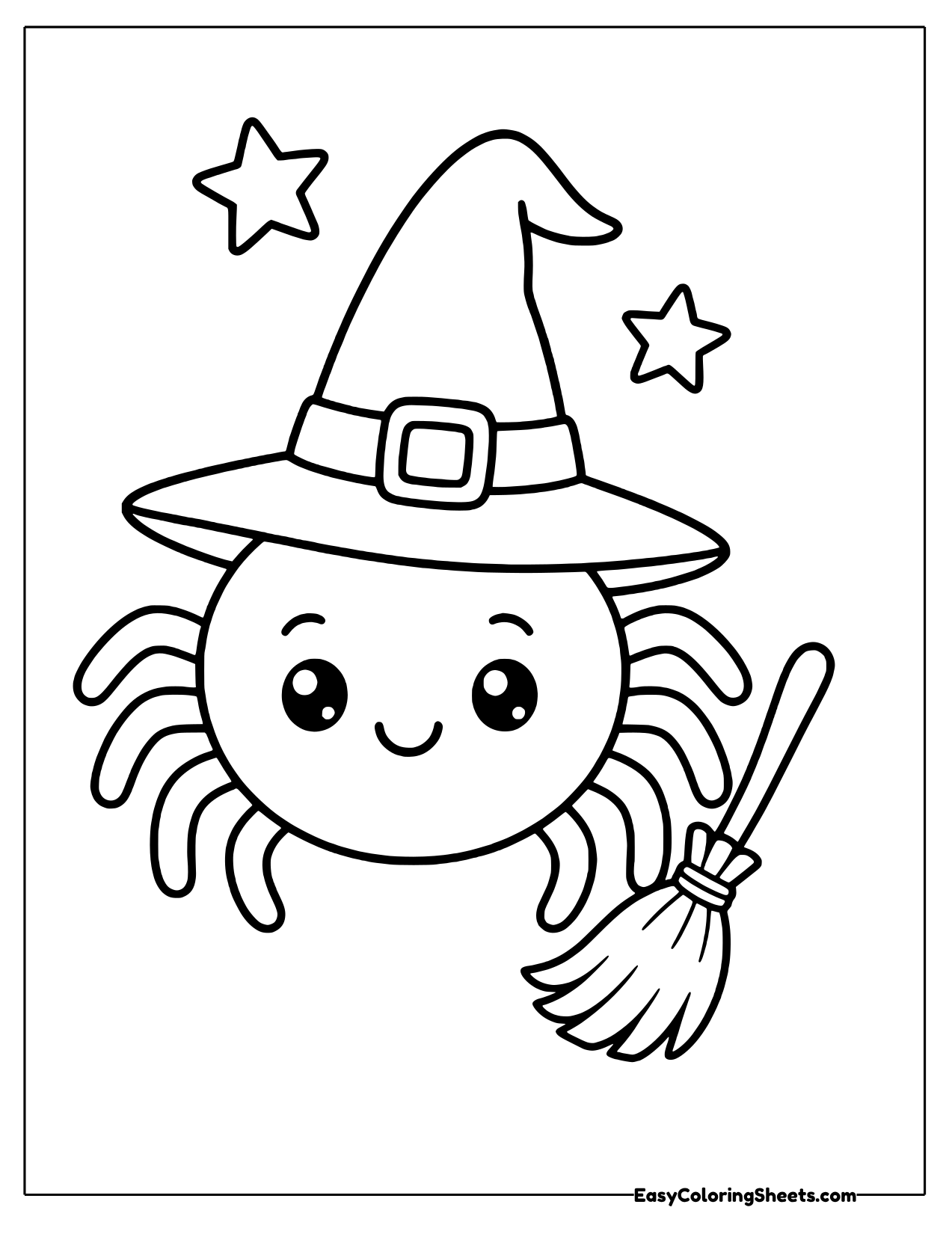 Spider wearing a witch hat and holding a broom