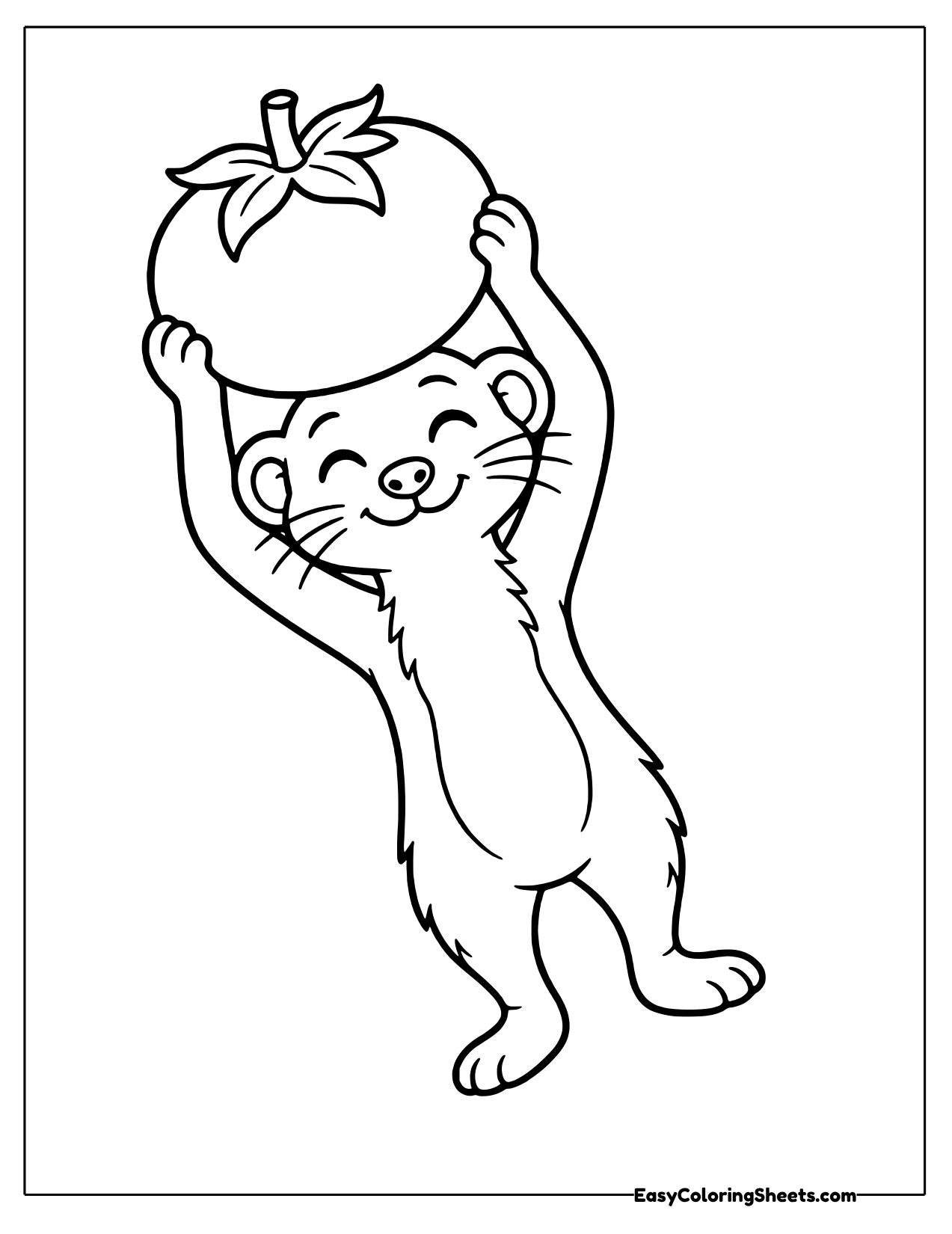 Smiling meerkat stretching up to lift a big tomato with a leafy stem