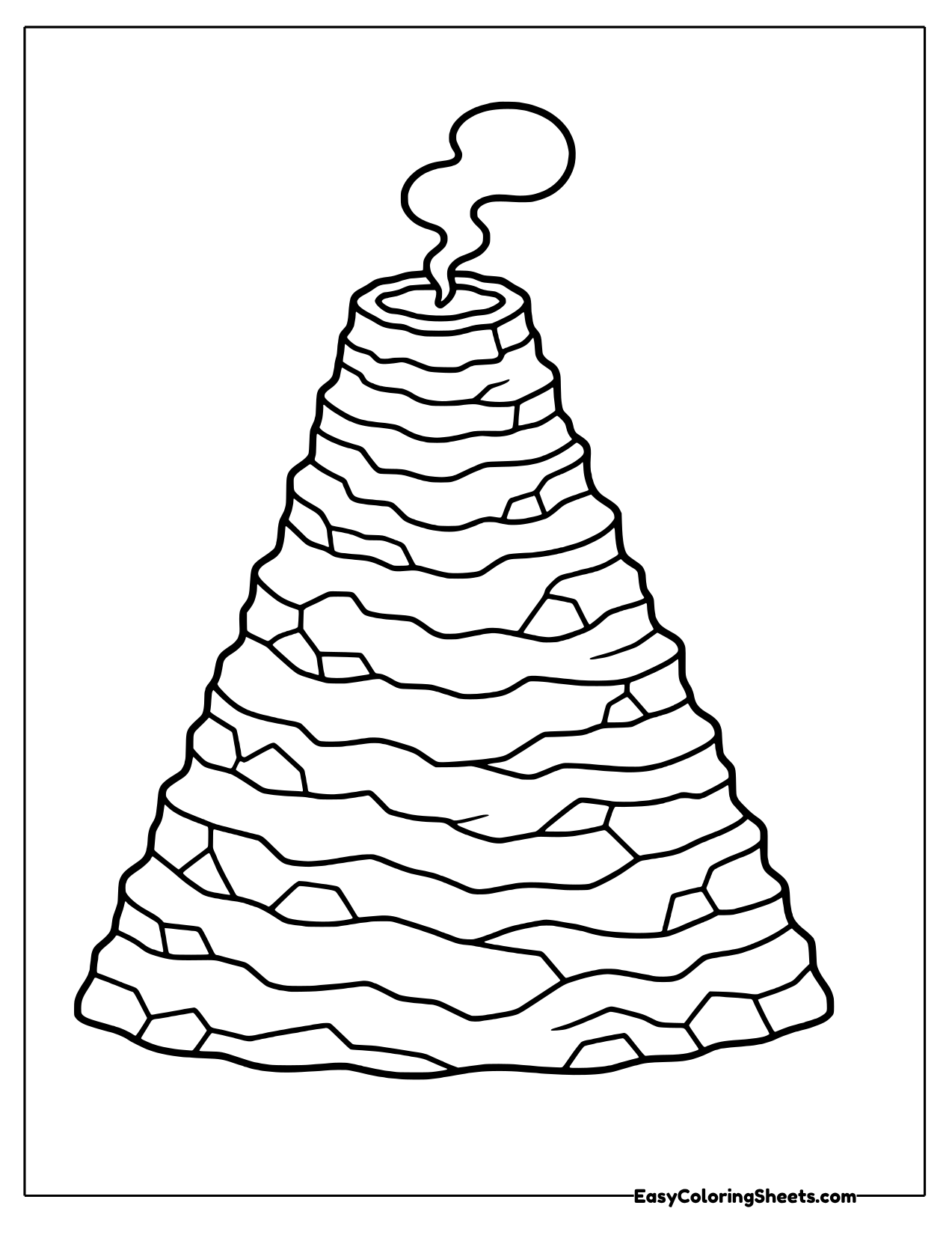 Tall layered rock volcano with a curl of steam rising from its crater