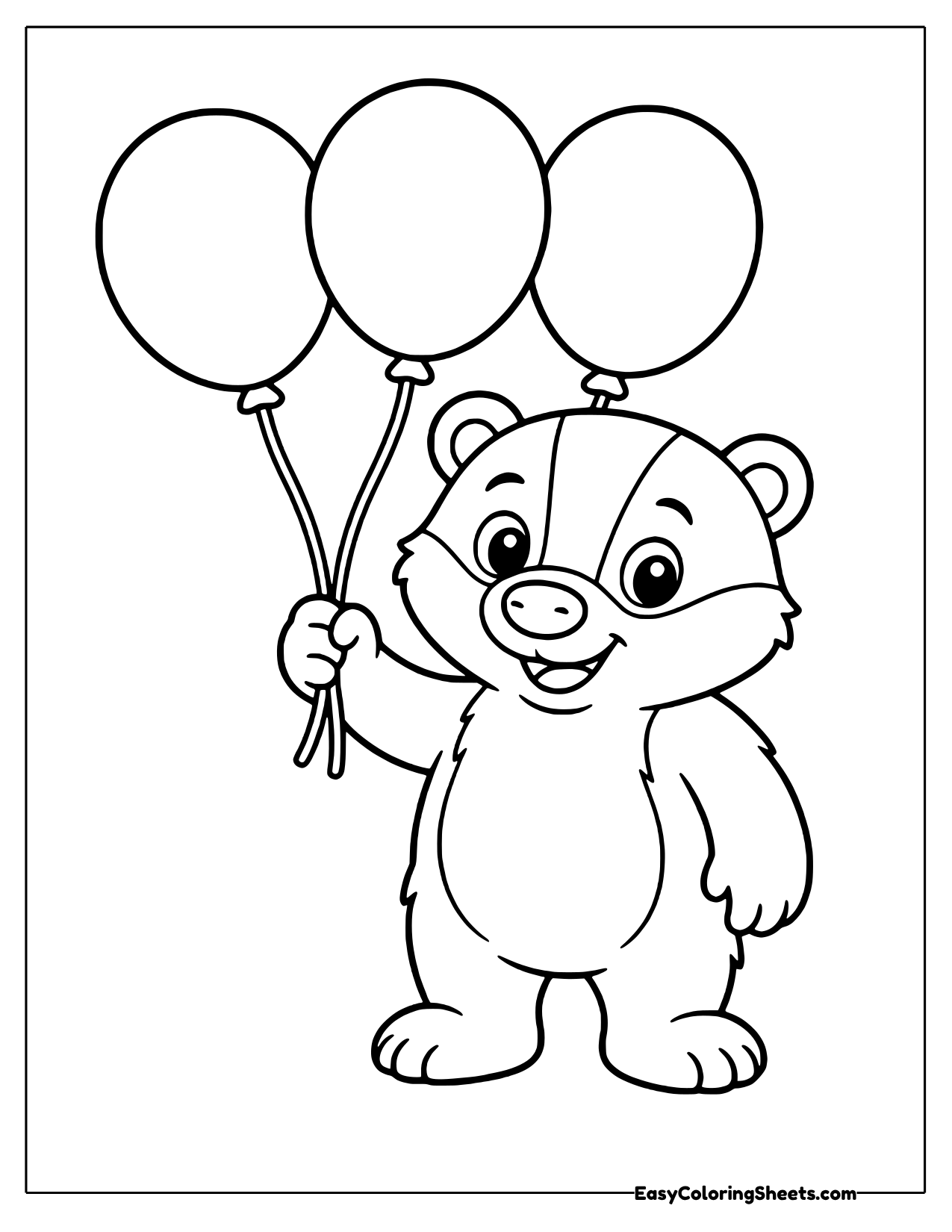 Happy badger holding the strings of three floating balloons