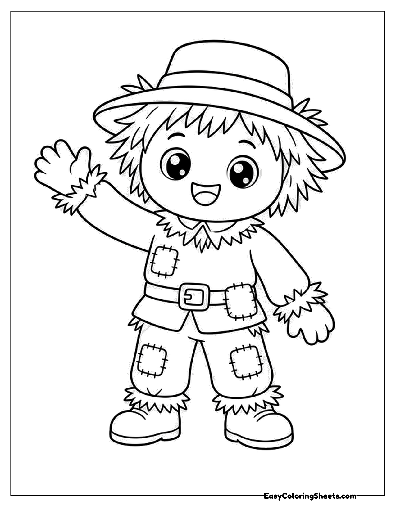 Cartoon scarecrow character with patched clothes and straw hat