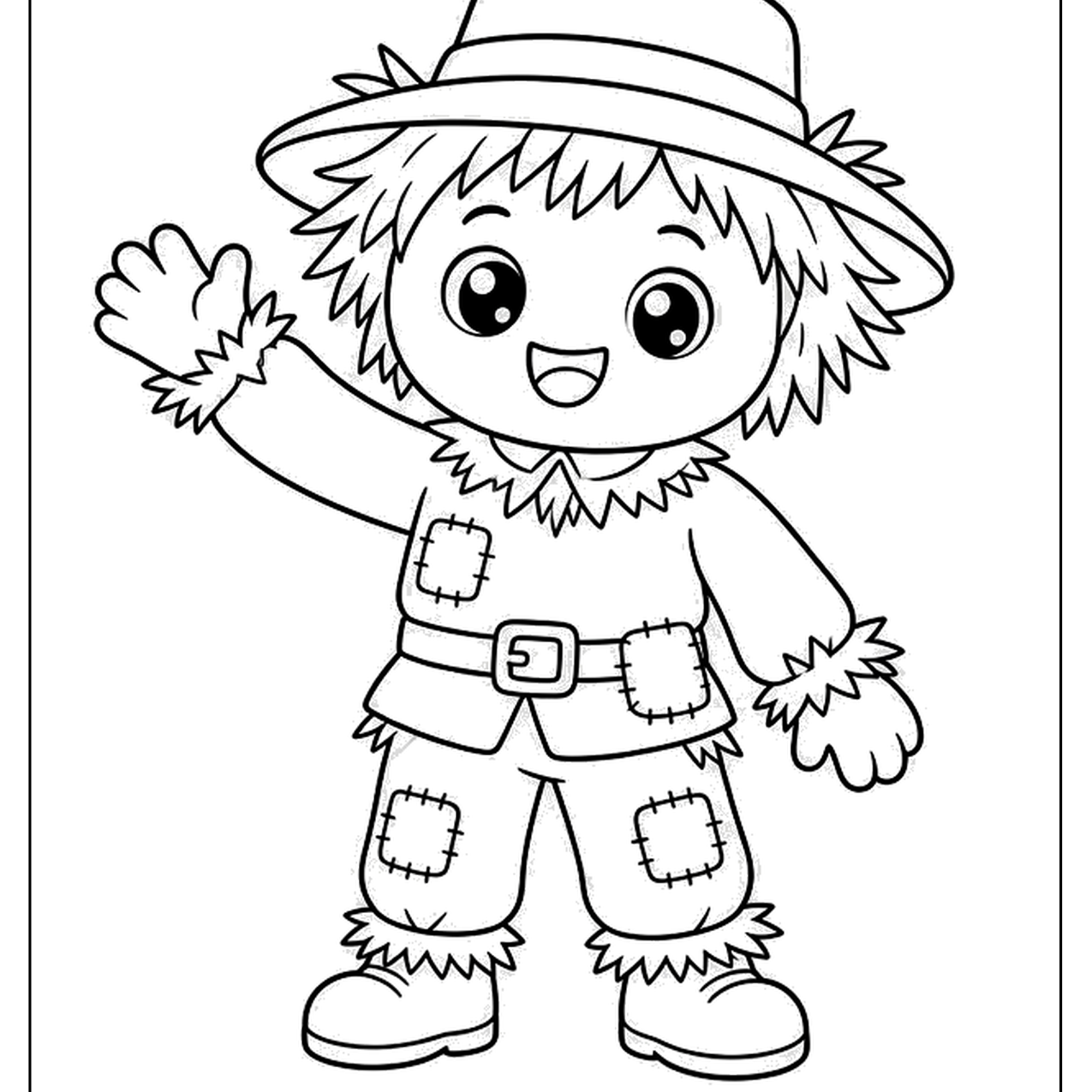 Cartoon scarecrow character with patched clothes and straw hat