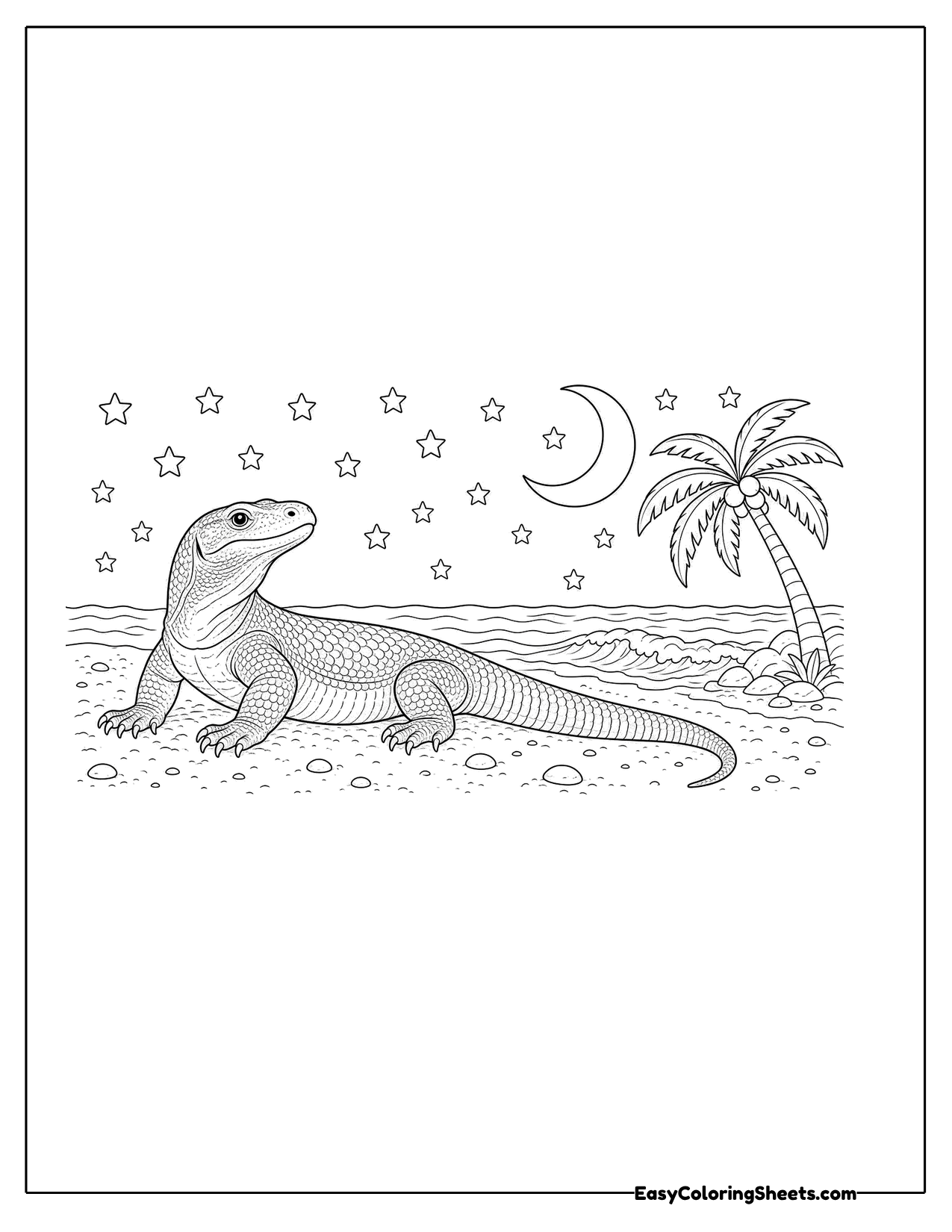 Komodo dragon under a starry night sky
