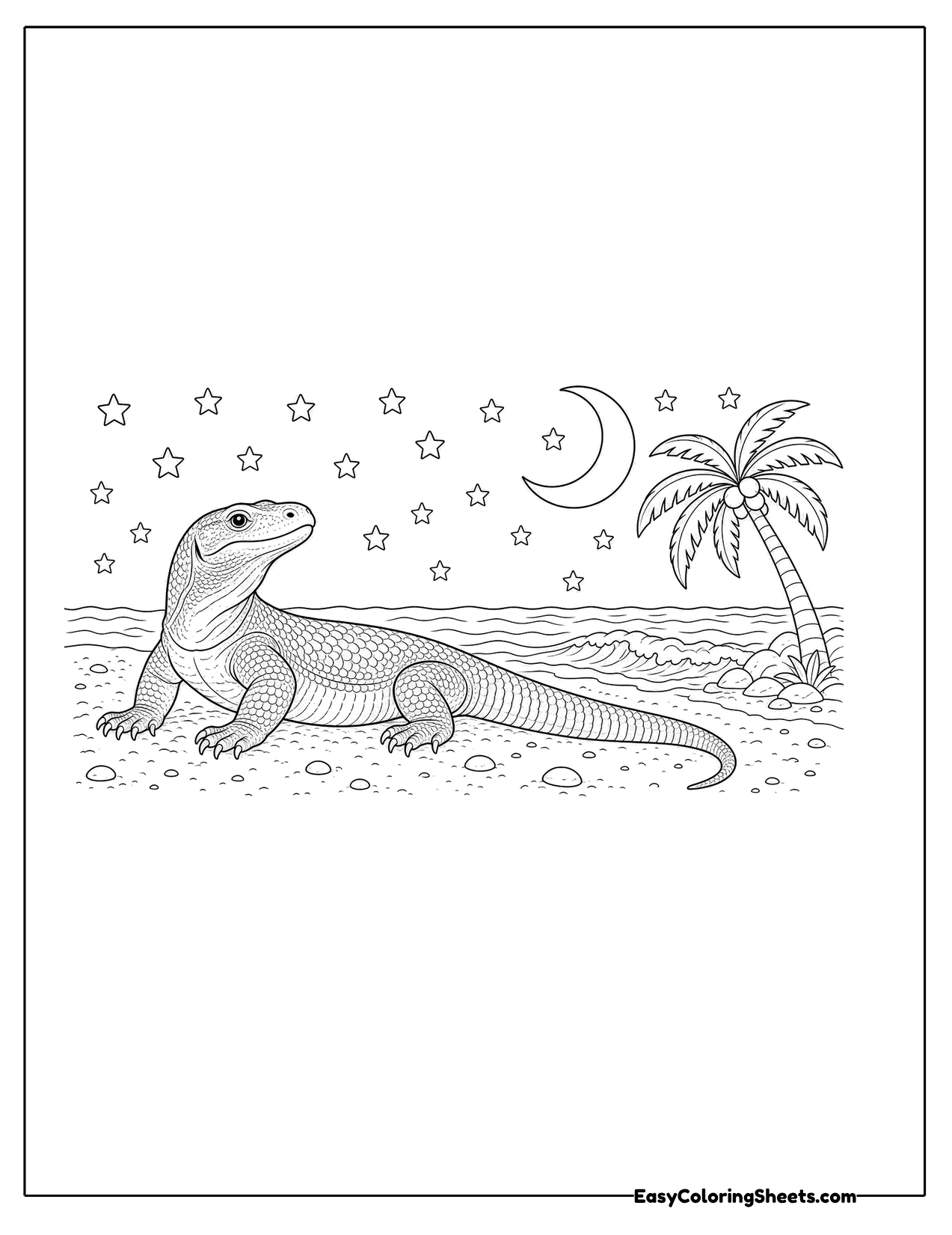 Komodo dragon under a starry night sky