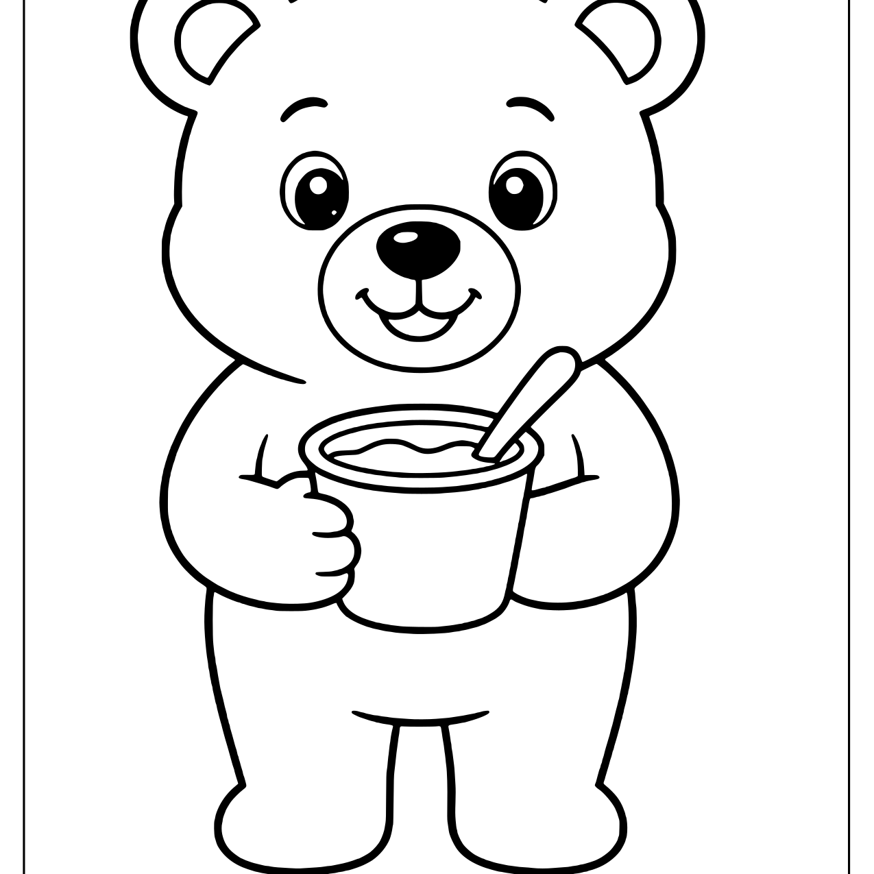 Bear cub holding a yogurt cup with a spoon