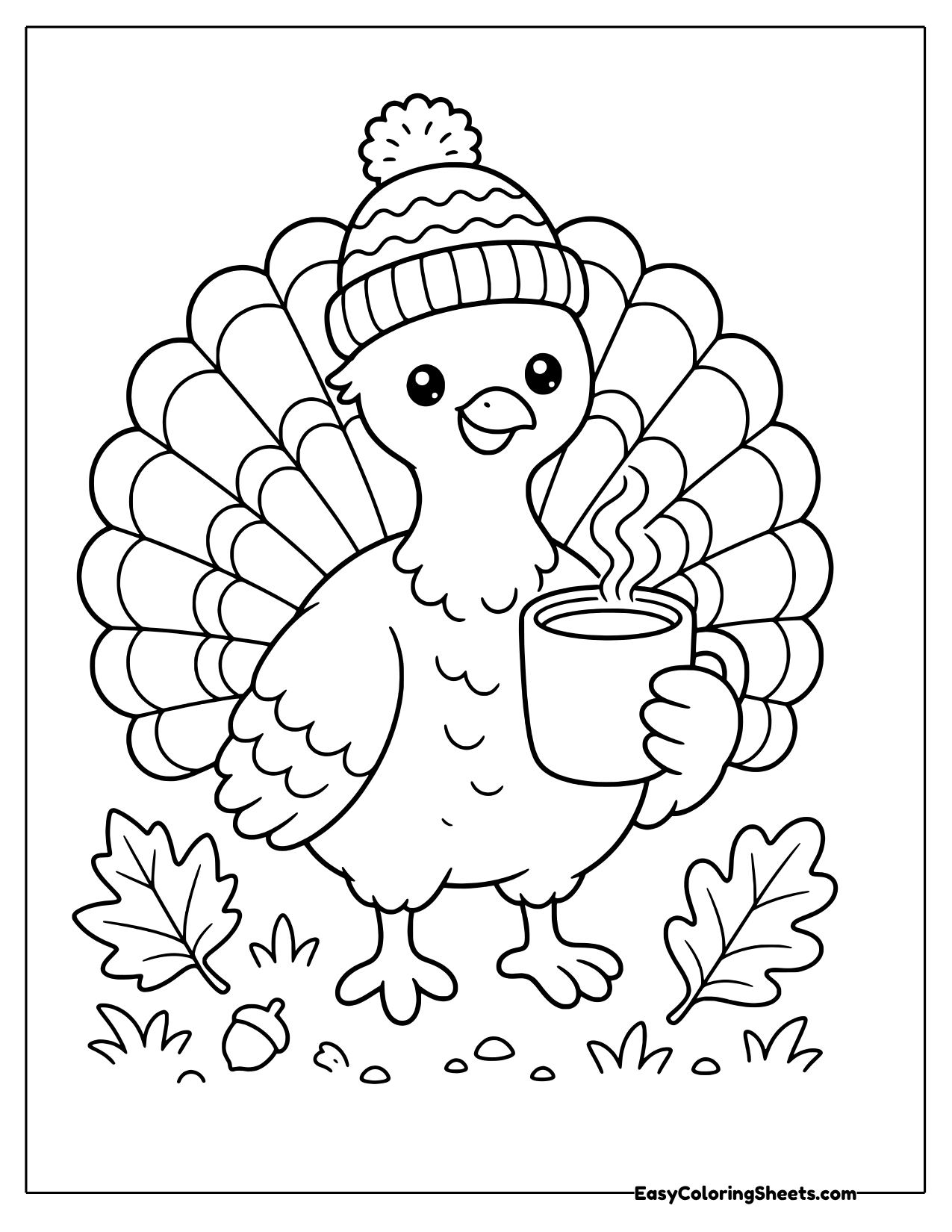 Turkey wearing a knit beanie and holding a warm mug