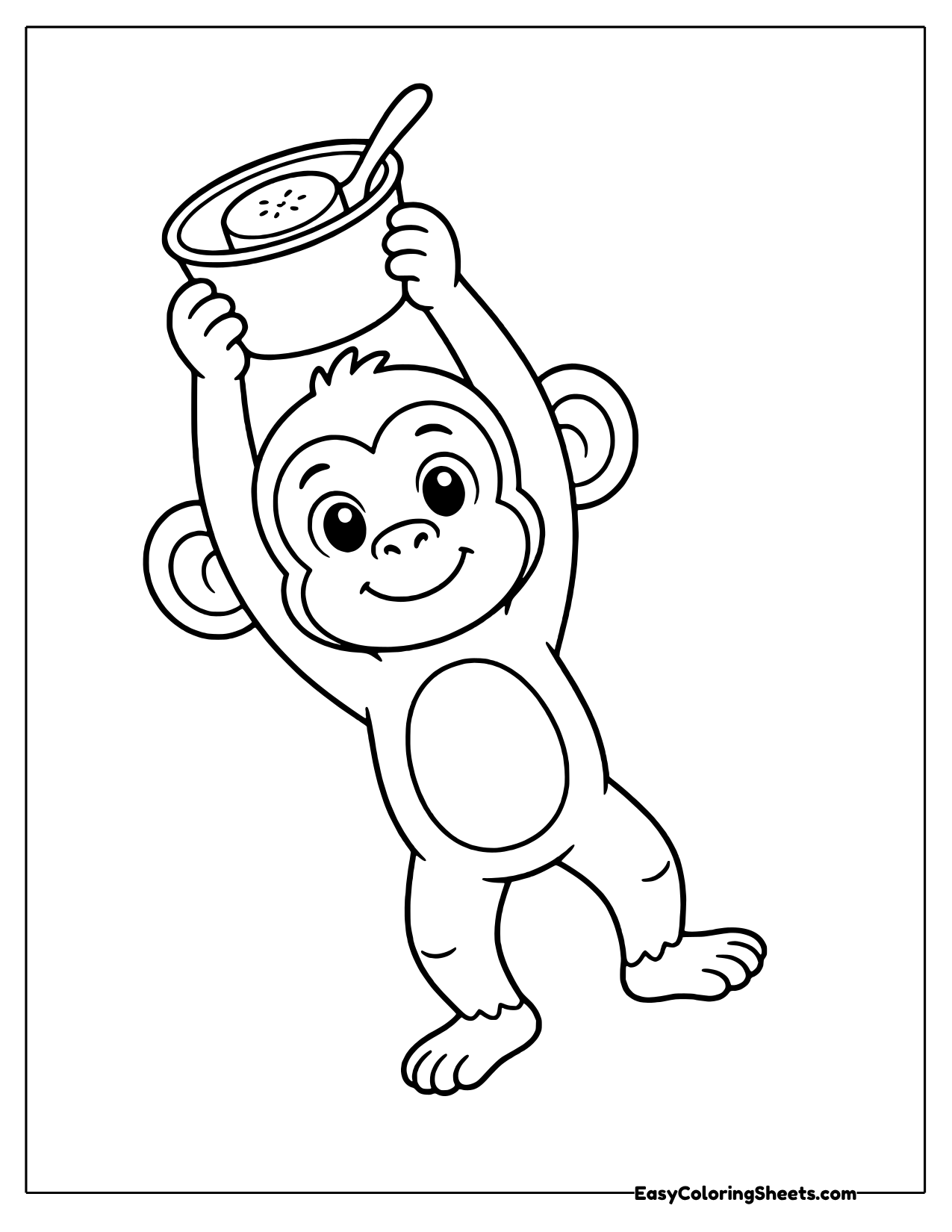 Playful monkey lifting a yogurt cup with a banana slice and spoon