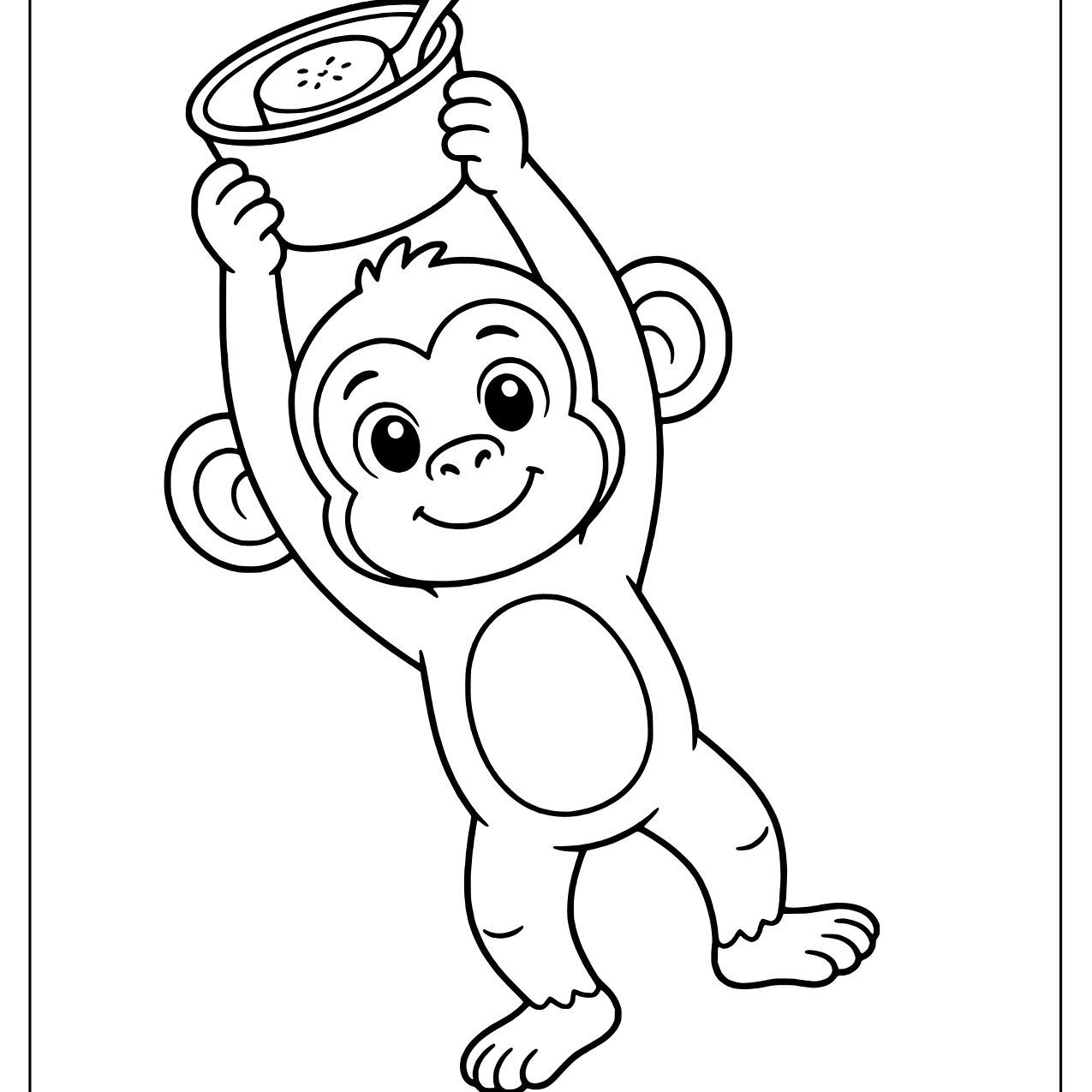 Playful monkey lifting a yogurt cup with a banana slice and spoon