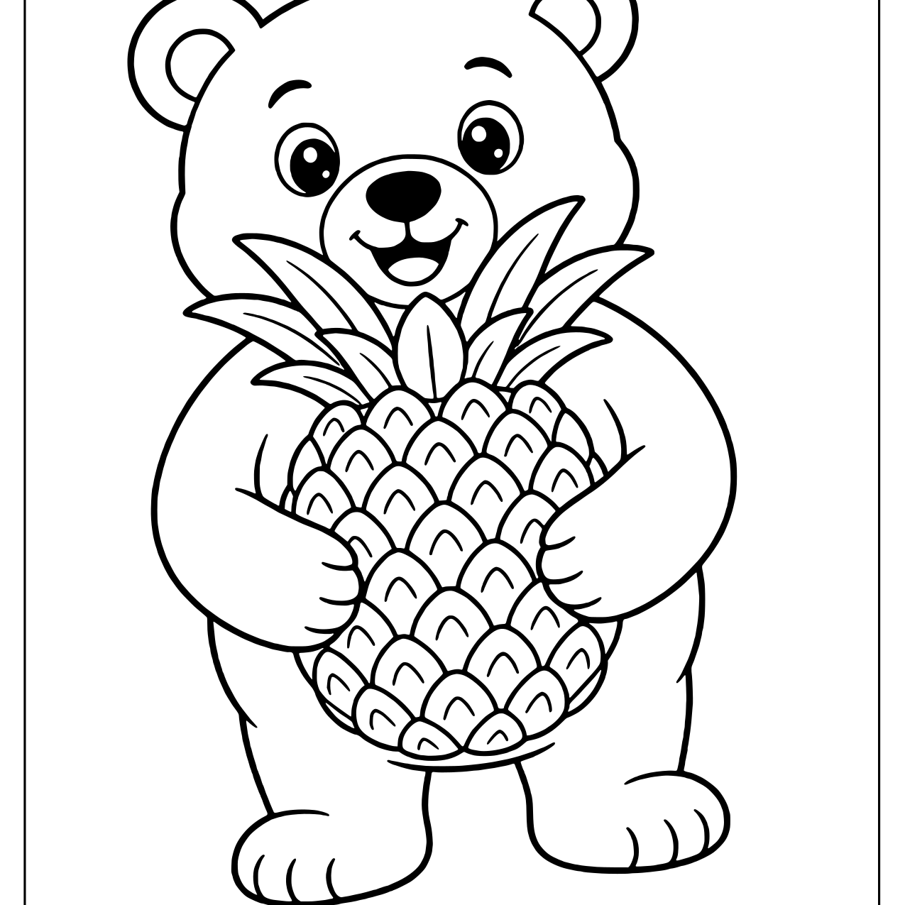 Smiling bear standing and hugging a large pineapple