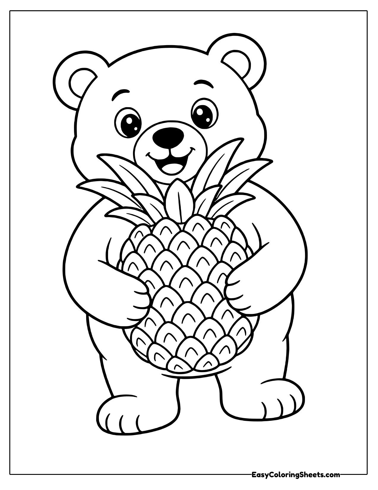 Smiling bear standing and hugging a large pineapple