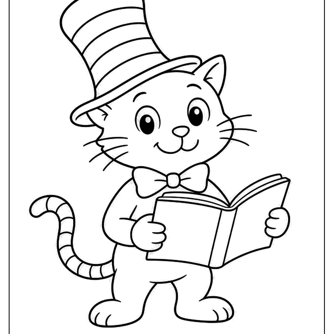 Cat in a striped top hat reading a book