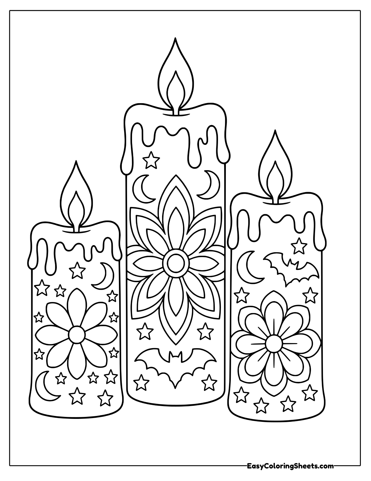 Three dripping candles mandala with flames, flowers, moons, stars and bats