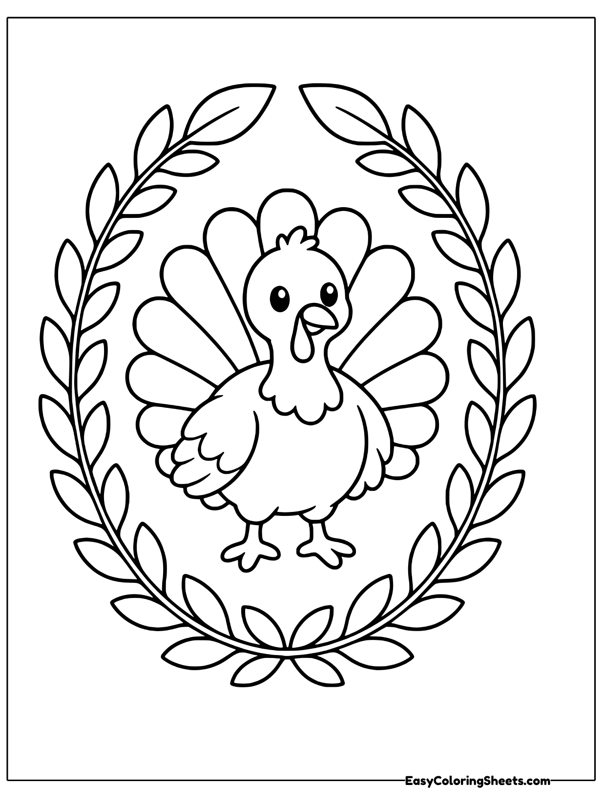 A turkey with a fanned tail stands in the center of an oval wreath made of leafy branches.