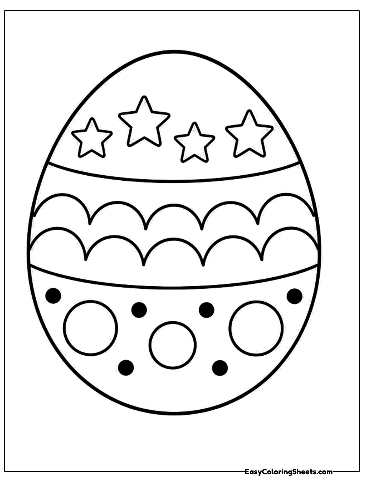 A large egg is decorated with stars on top, wavy bands in the middle and big dots at the bottom.