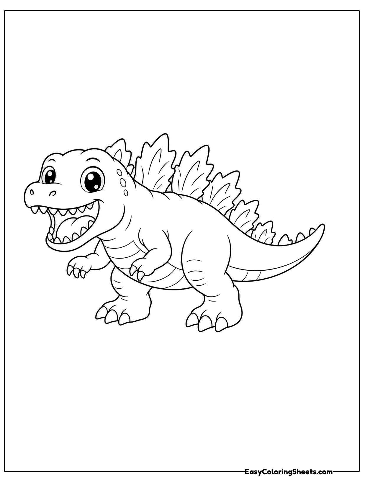Mouth open in a big roar, this dinosaur style monster crouches with clawed feet, a ridged belly and sharp back plates.