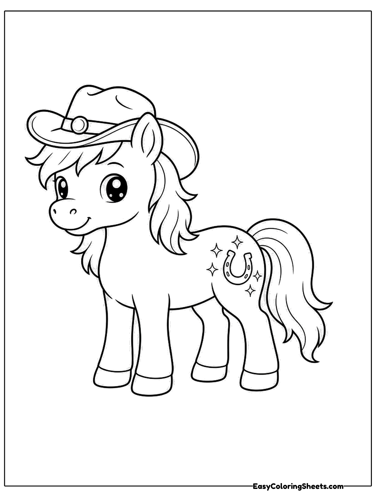 A pony with a flowing mane and tail wears a cowboy hat, with apple shapes on its side.