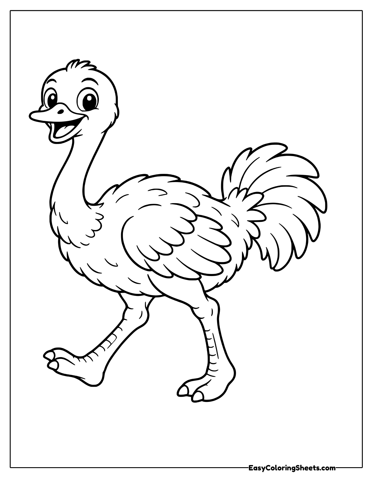 Walking ostrich with a fluffy tail