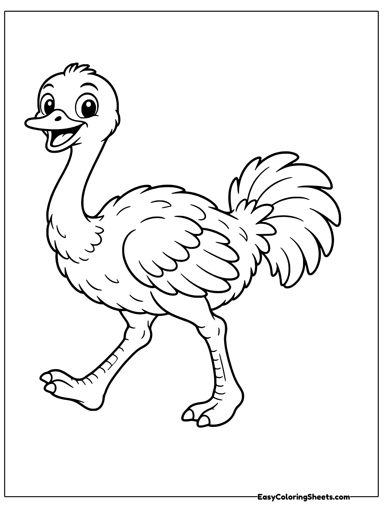 An ostrich strides forward with a big fluffy tail plume and thin legs mid step.