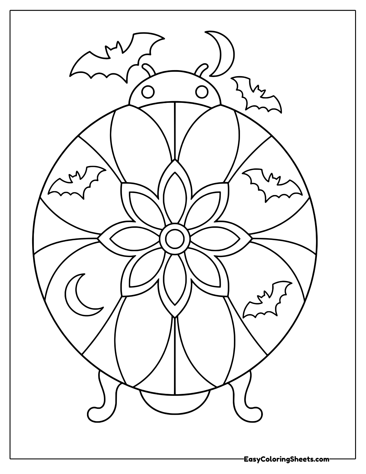 Round beetle mandala with petal wing panels, a flower, crescent moons and bats