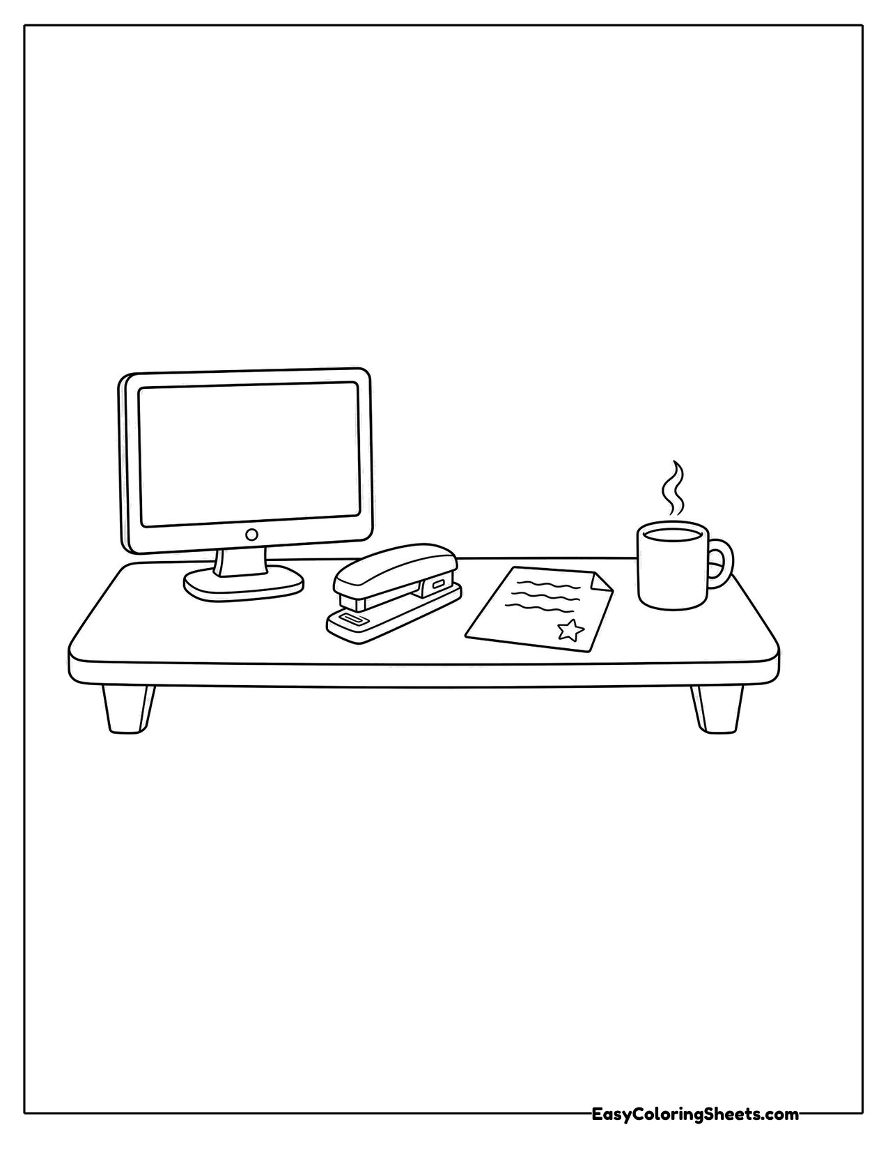 Office desk with a computer, stapler and mug