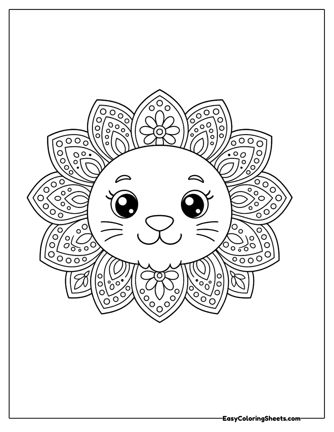 Flower mandala with a lion face in the center