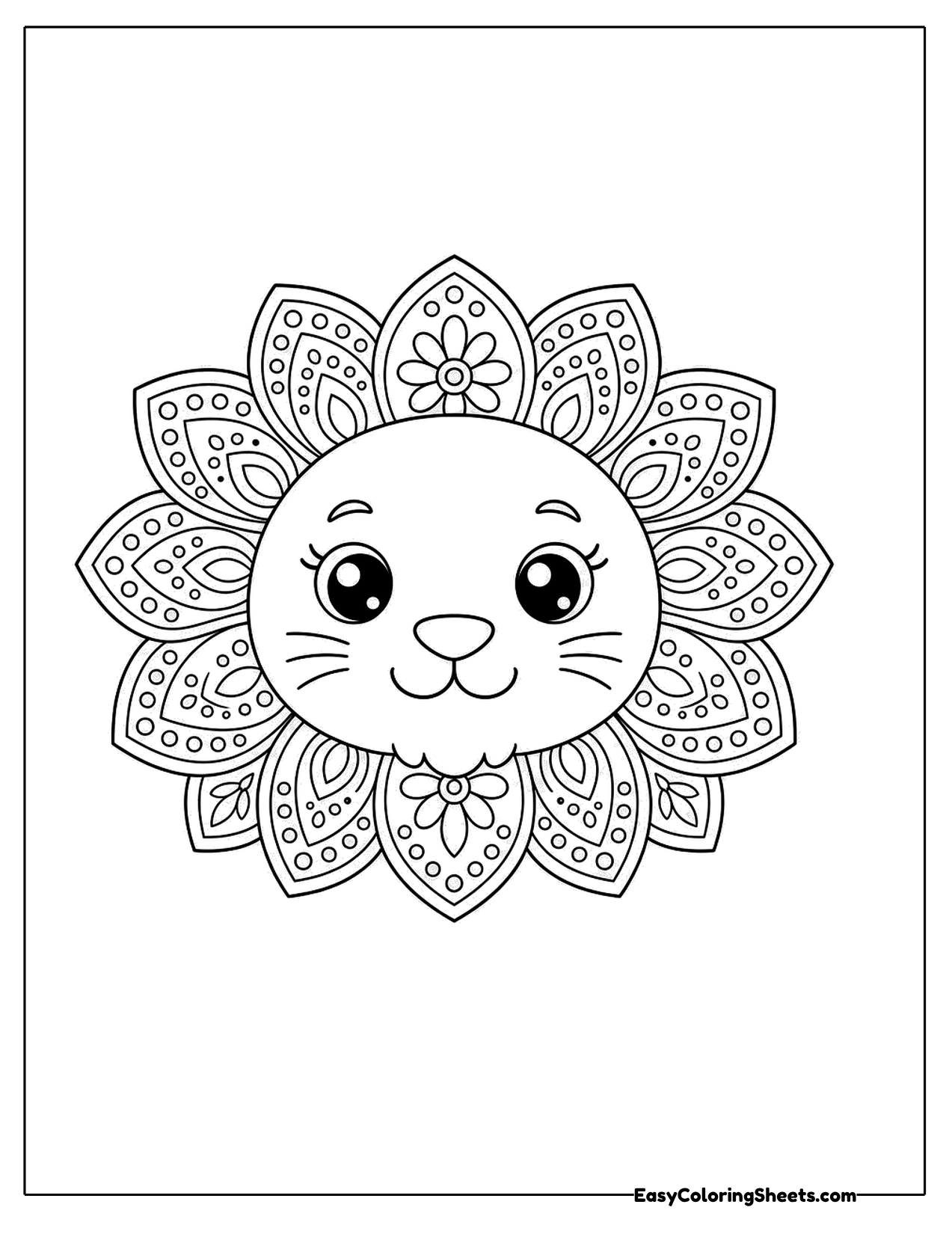 Flower mandala with a lion face in the center