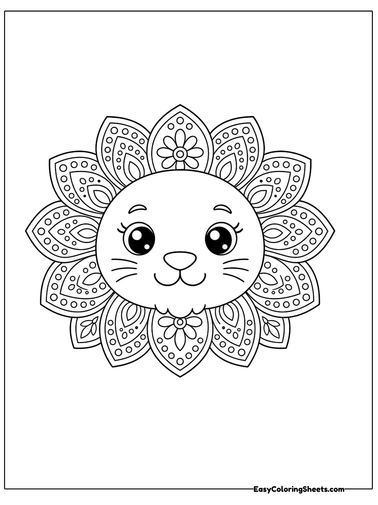 A friendly lion face sits in the middle of a mandala whose petals form a mane.