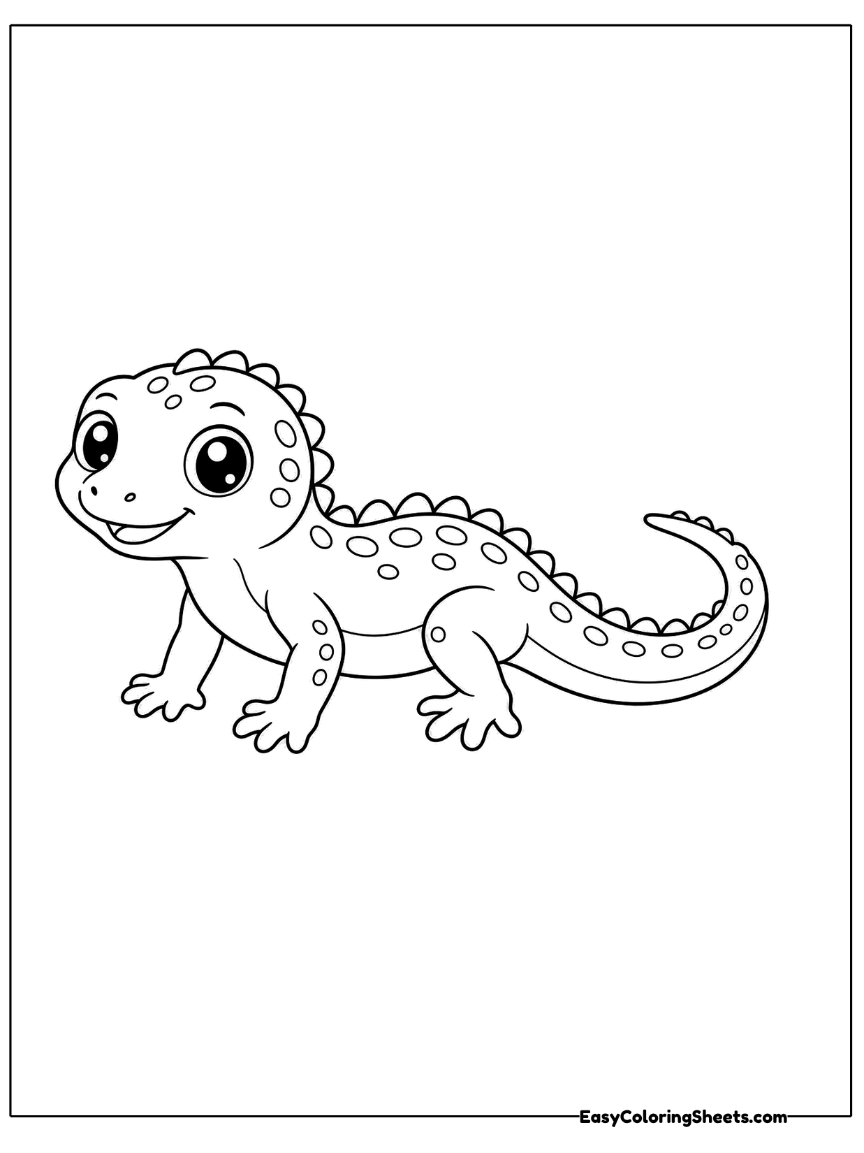 A lizard with a row of small spikes down its back walks across the page in side view, its long tail trailing behind.