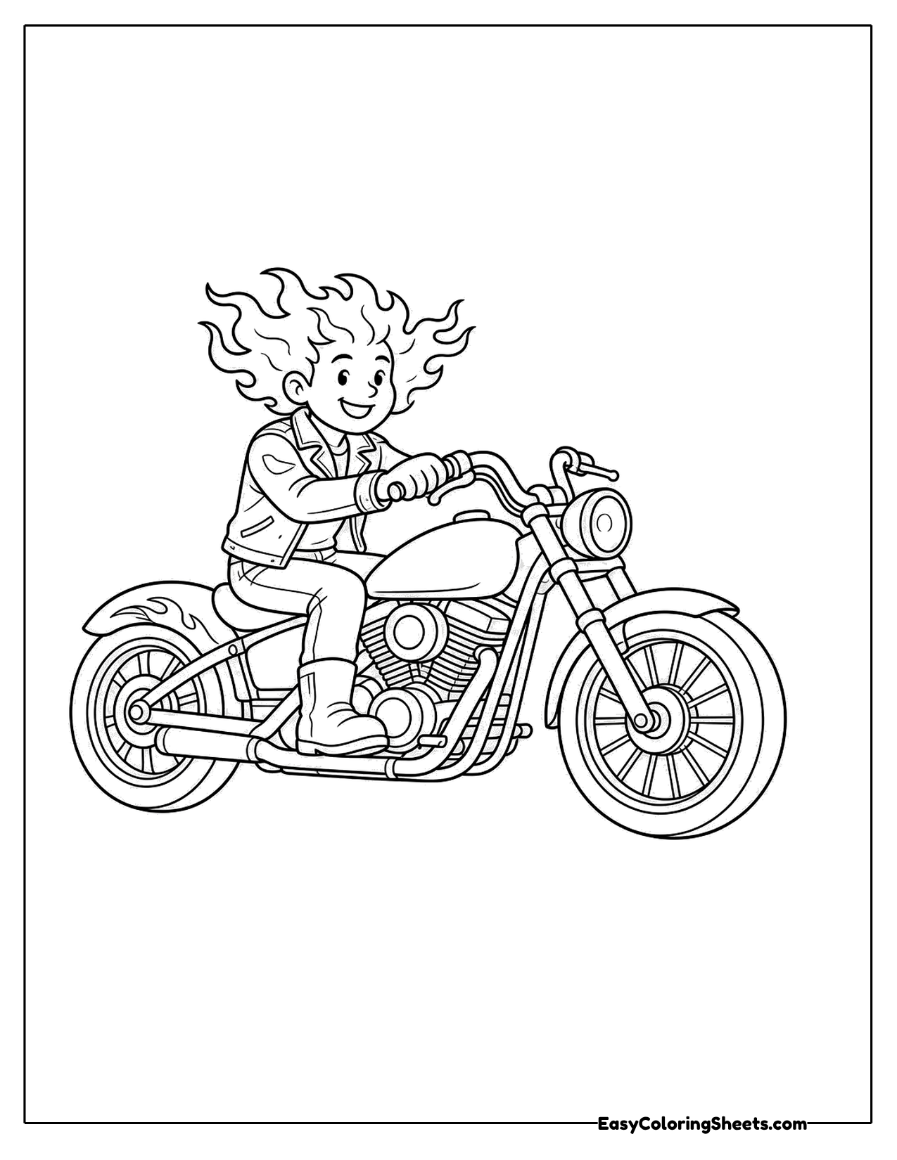 Rider with flame style hair on a detailed motorcycle