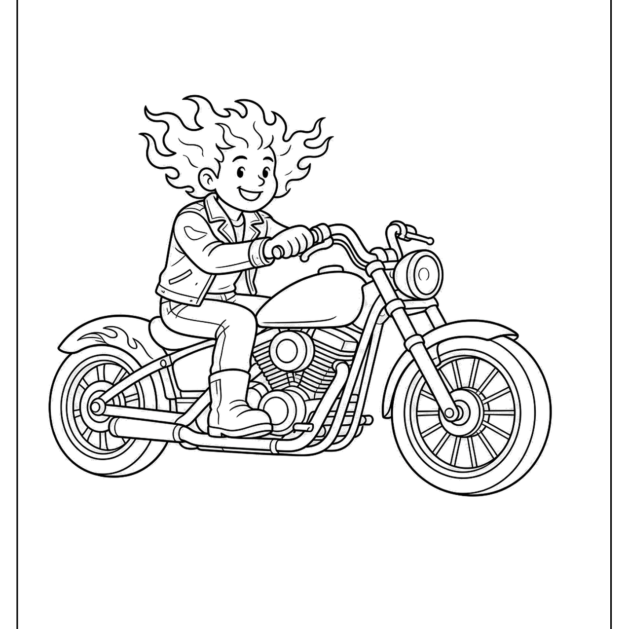Rider with flame style hair on a detailed motorcycle