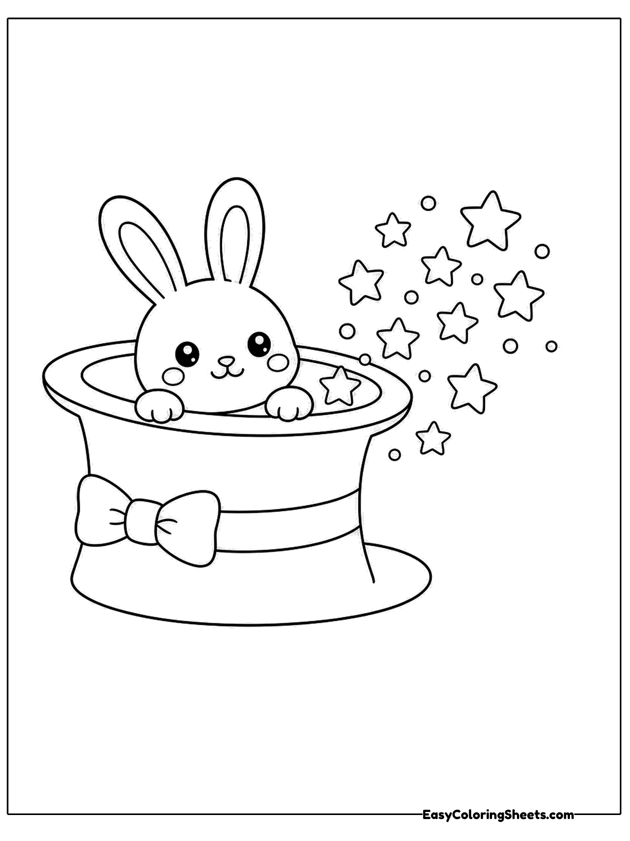 A cute bunny peeks out of a tipped top hat while a trail of stars bursts out beside it.