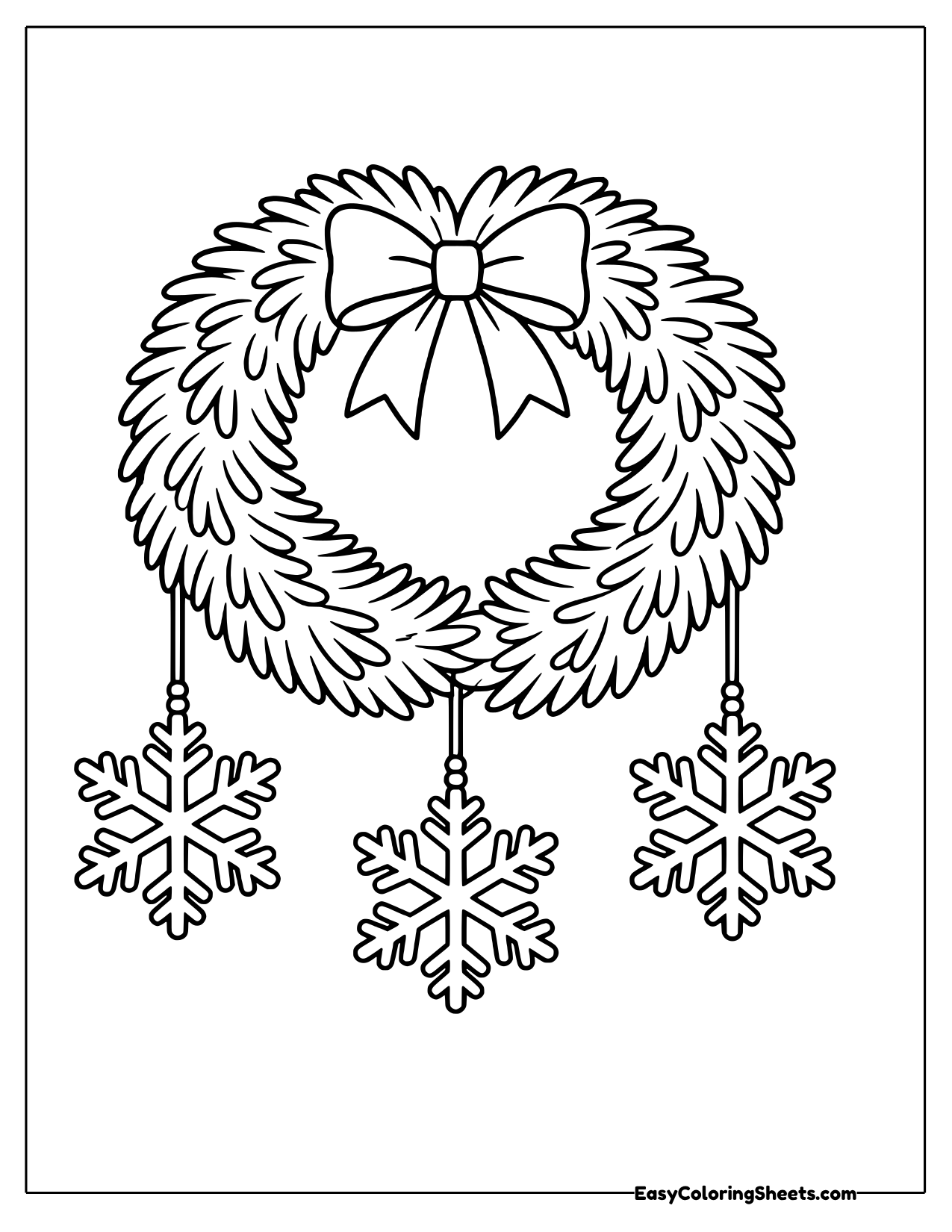 A fluffy wreath with a bow at the top has three snowflakes dangling from strings at its bottom.