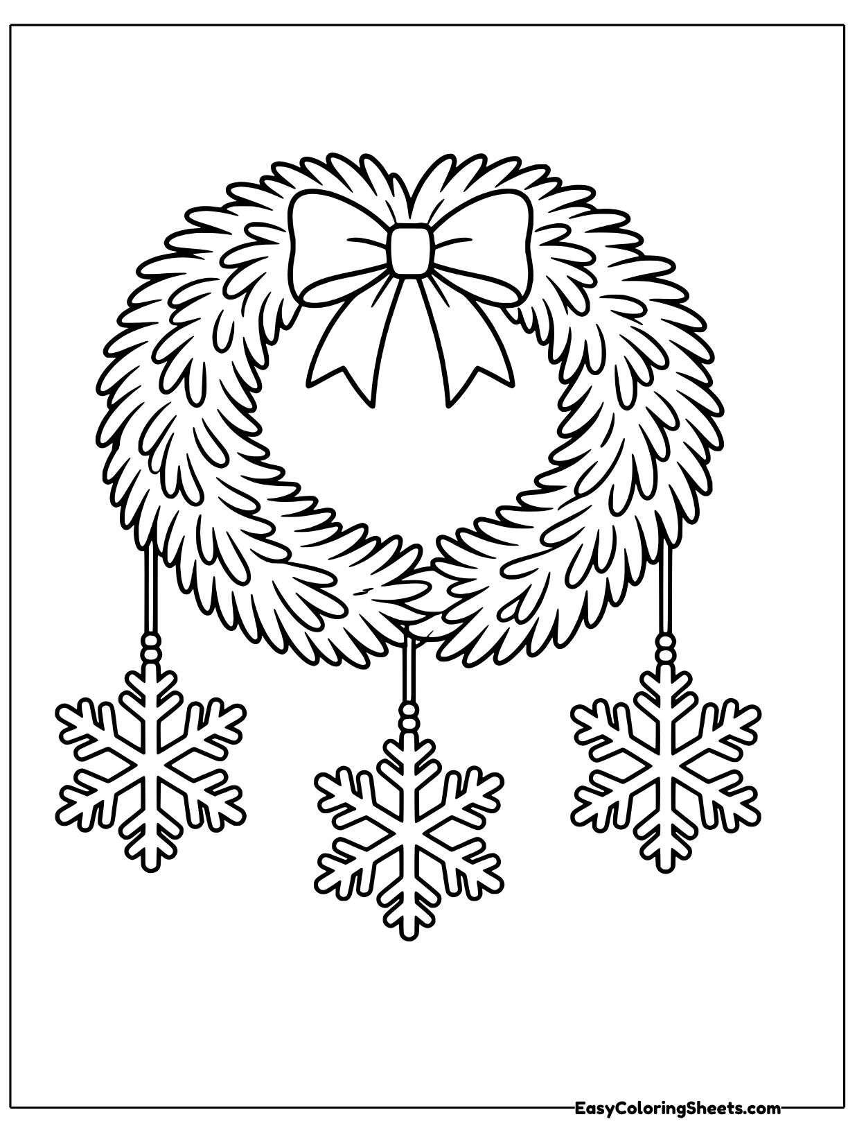 A fluffy wreath with a bow at the top has three snowflakes dangling from strings at its bottom.