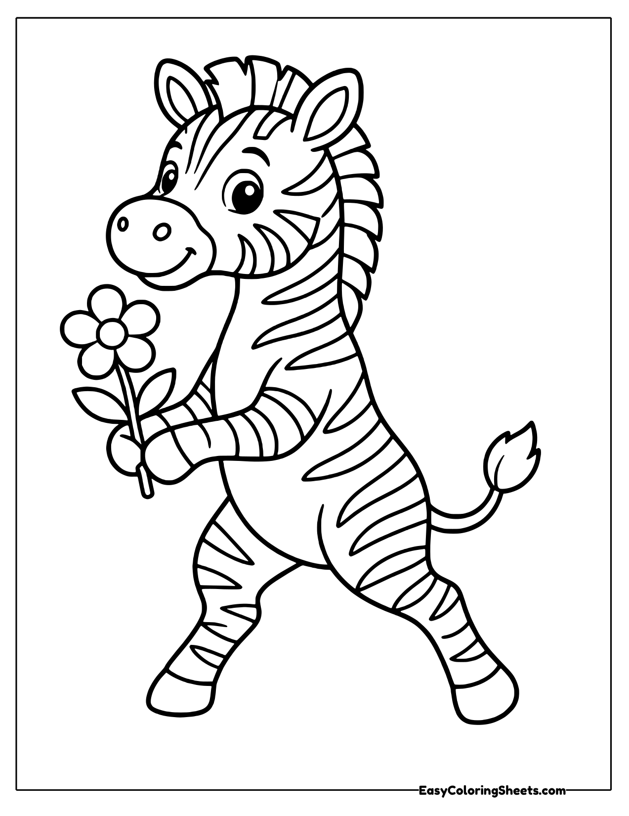 Cheerful striped zebra prancing and holding a flower