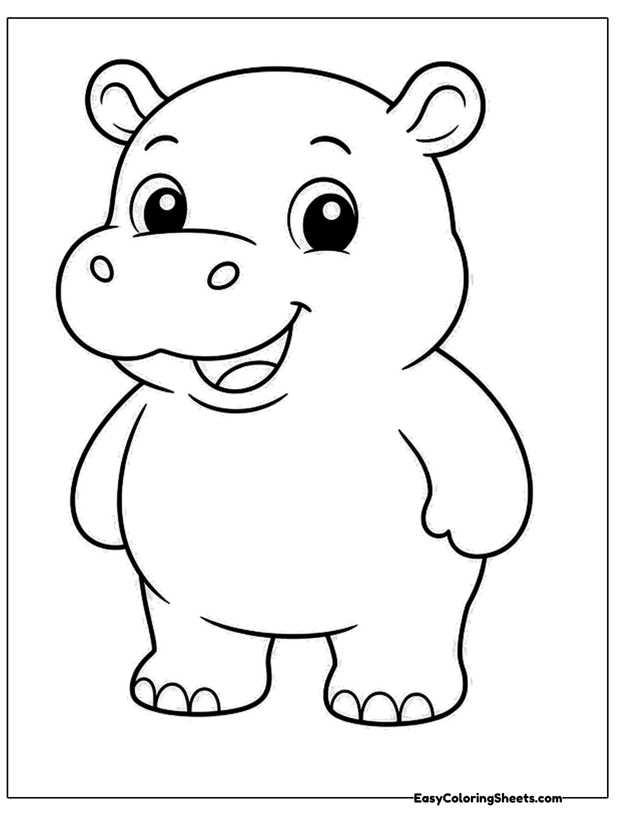 This cartoon hippo stands upright with a broad body, short arms and a happy open mouth.