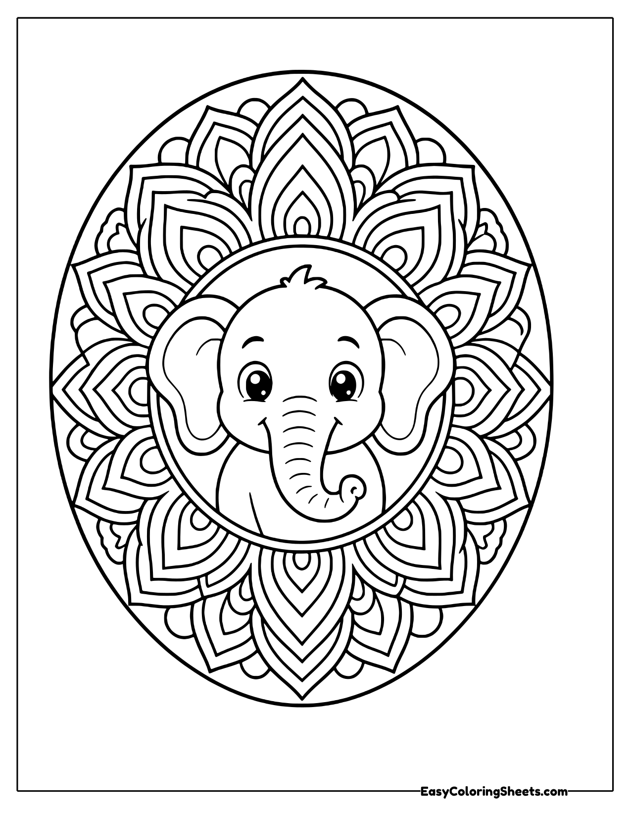 Oval mandala with an elephant in the center