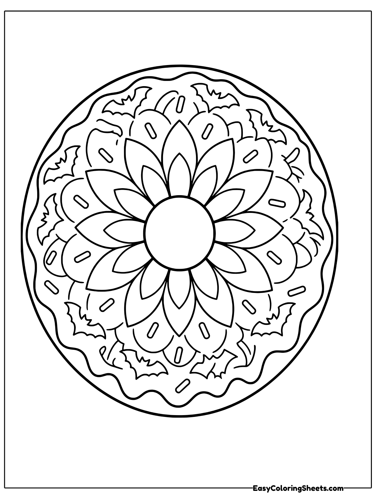 A big round donut is covered in a flower mandala of wide petals that circle the hole in the middle.
