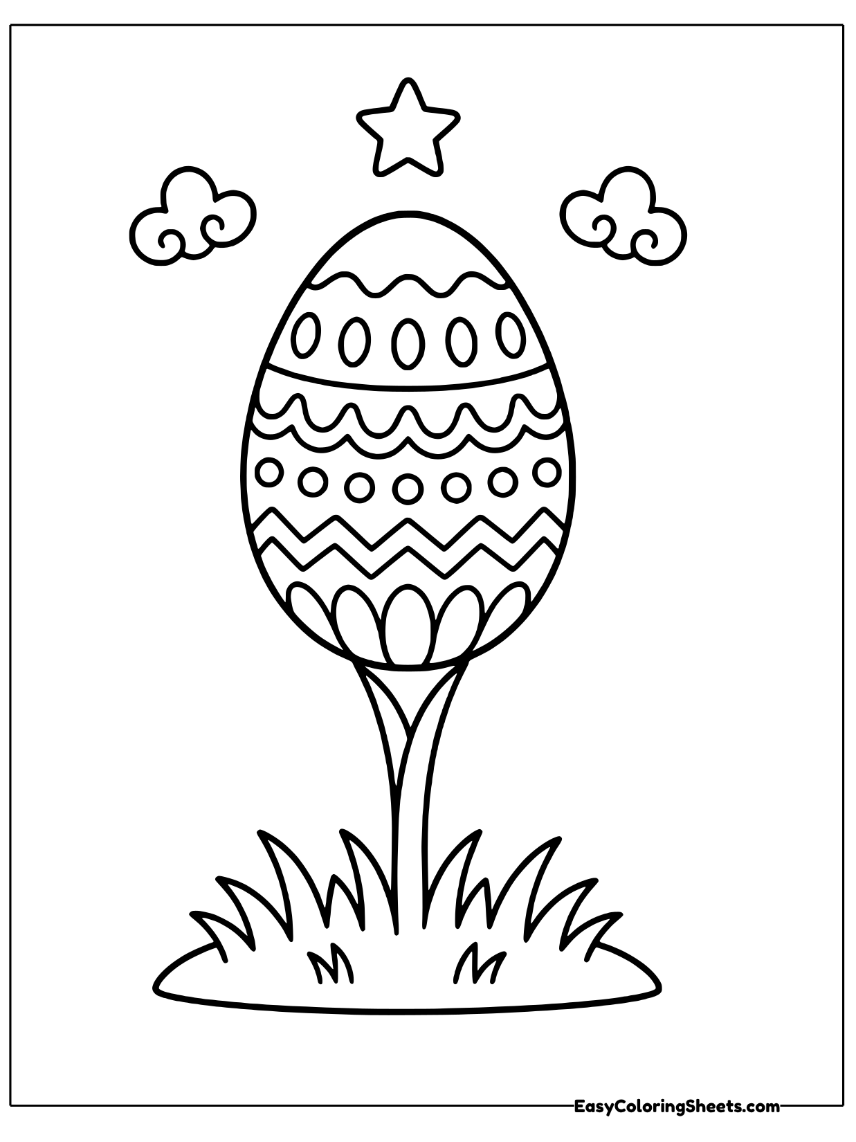 A decorated egg sits on top of a stalk with leaves, like a flower growing in the grass, with clouds in the sky.