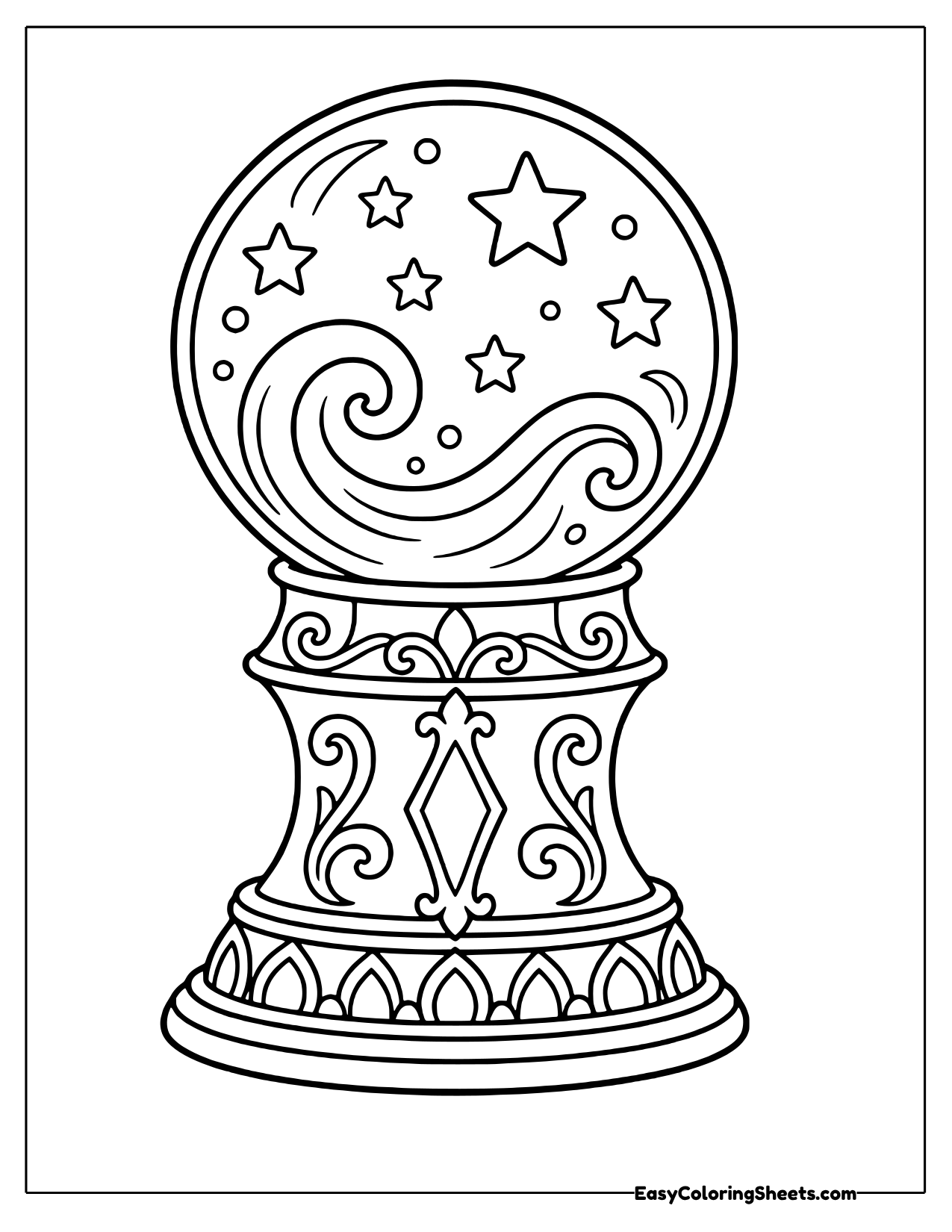 Crystal ball with stars on an ornate stand