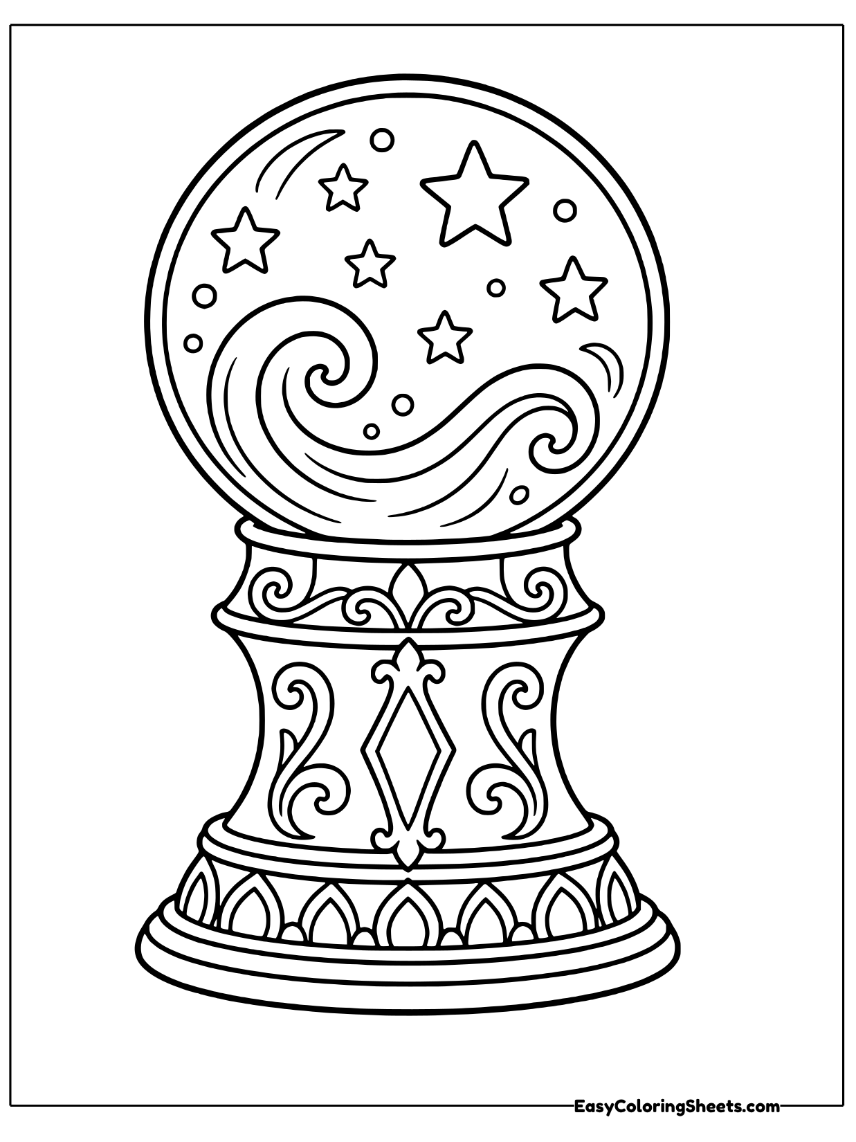 A big crystal ball filled with swirling mist and little stars rests on a tall carved stand with layered patterns.