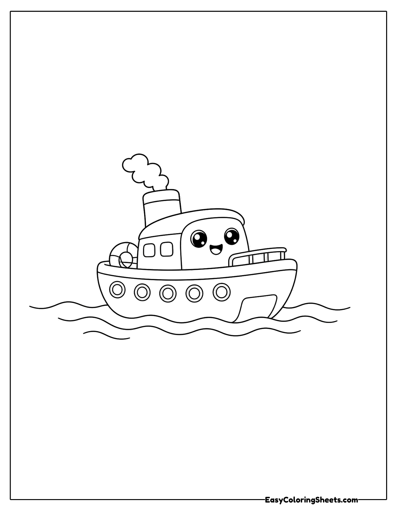 Cute tugboat with a smokestack on the waves