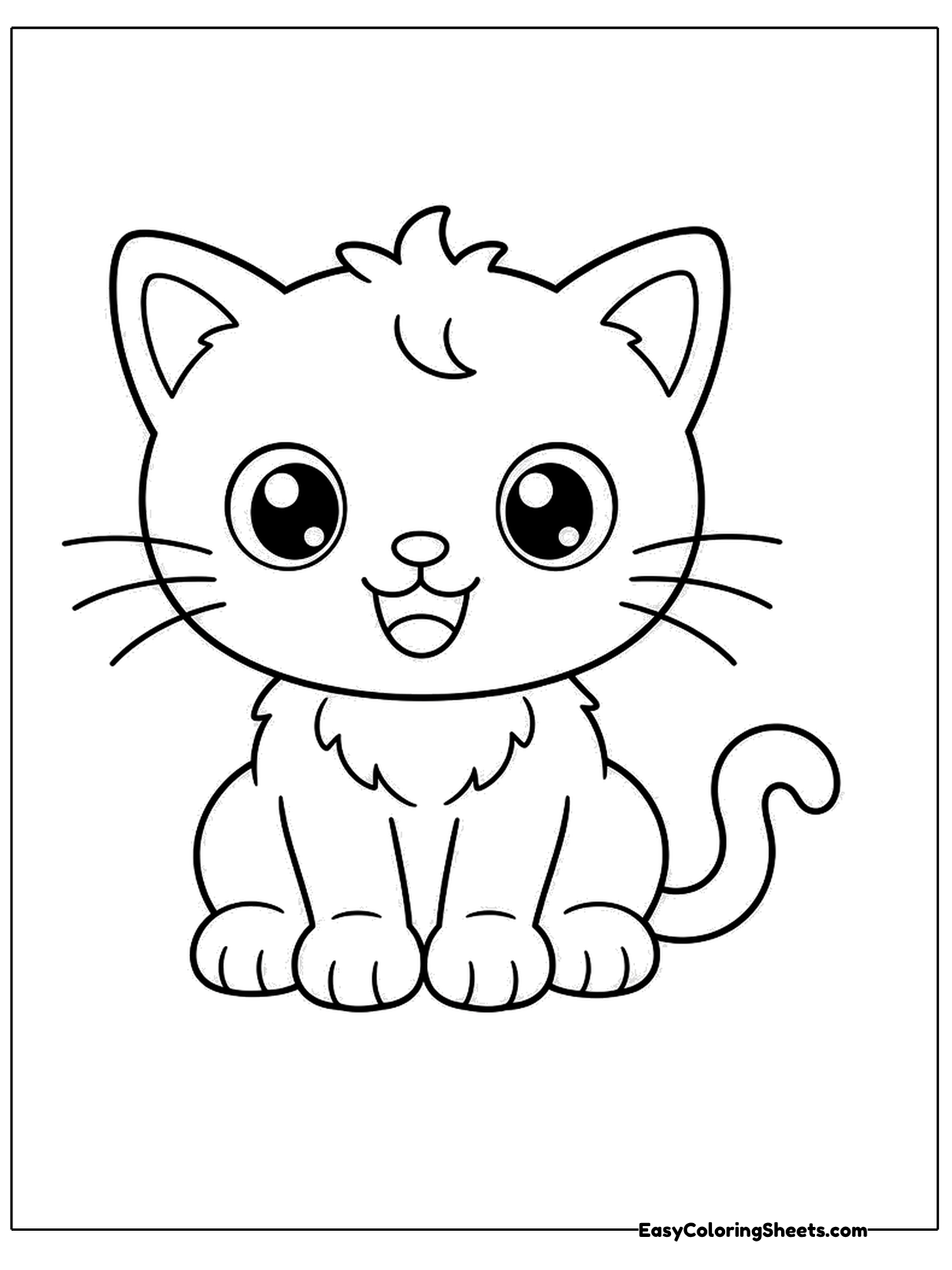A cute cartoon cat with huge round eyes, long whiskers and an open smile sits with its tail curled to the side.