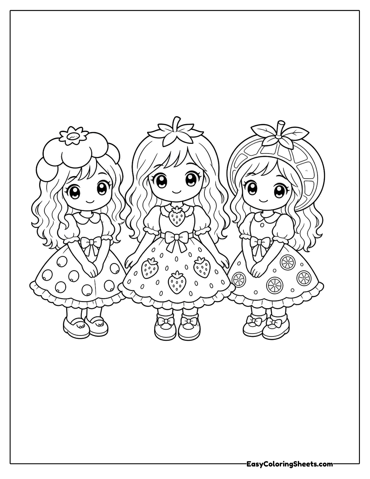 Three girls in strawberry print dresses standing together