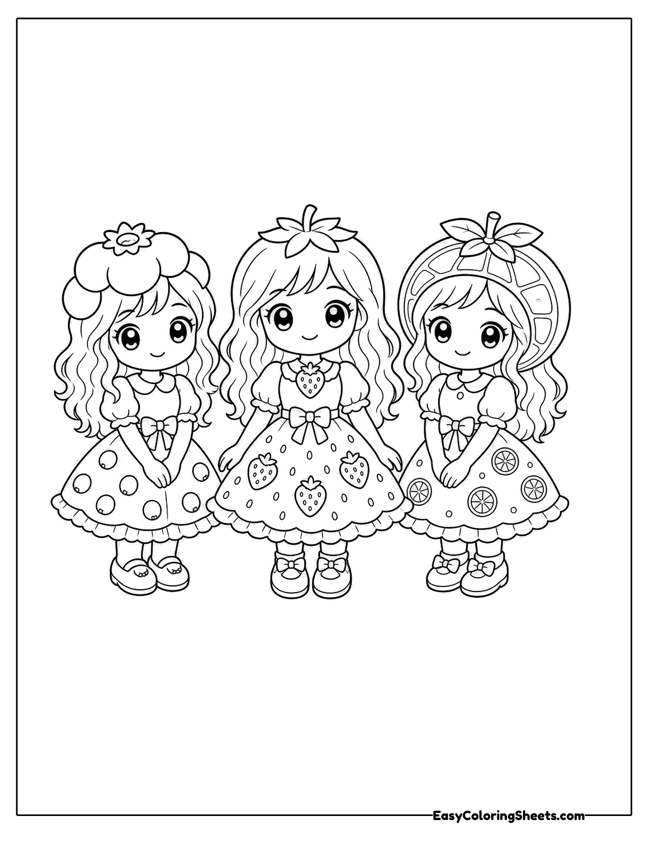 Three girls in strawberry print dresses standing together