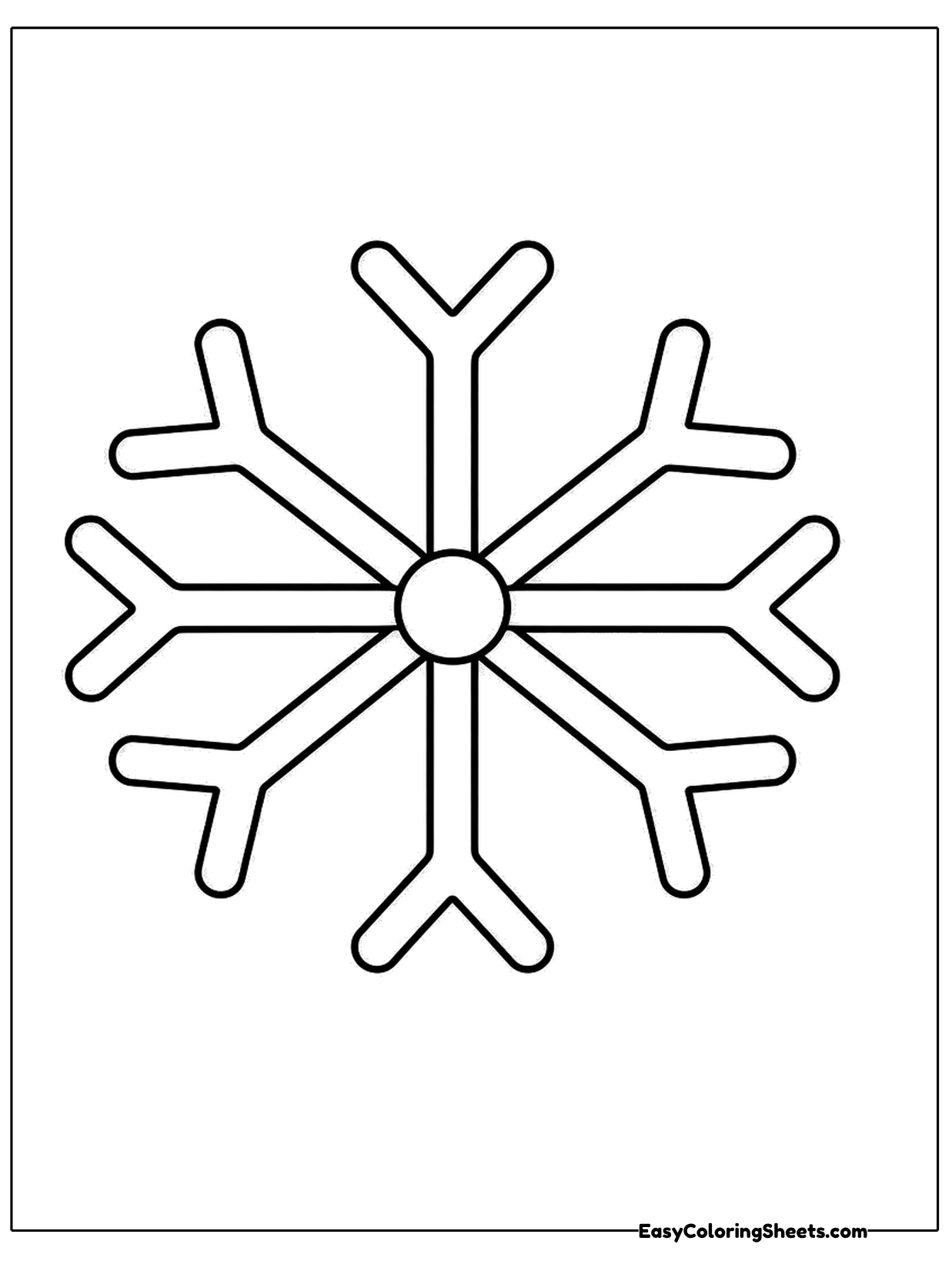 A basic snowflake with six straight arms meets at a small circle in the middle.