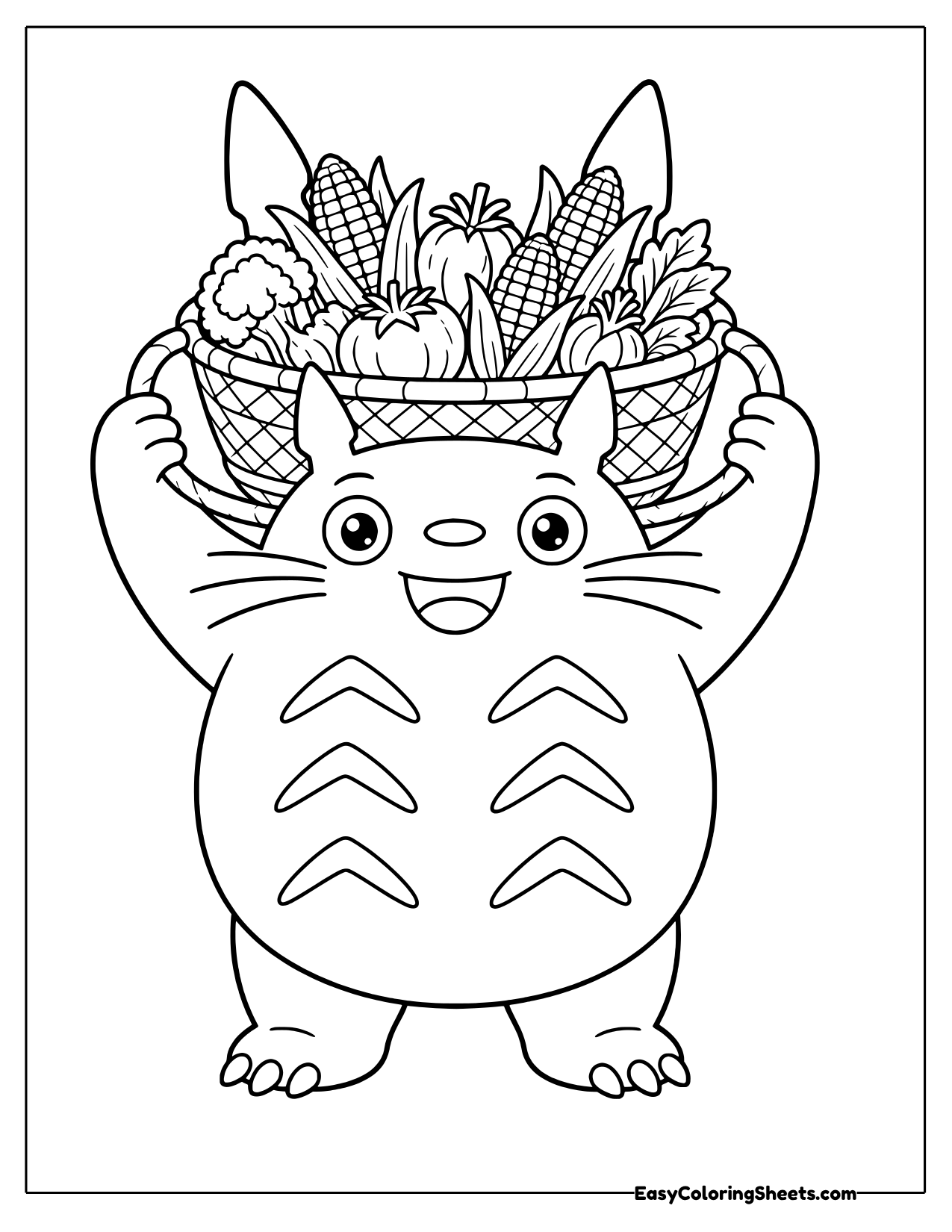 Totoro lifting a woven basket of corn, carrots and leafy vegetables over his head