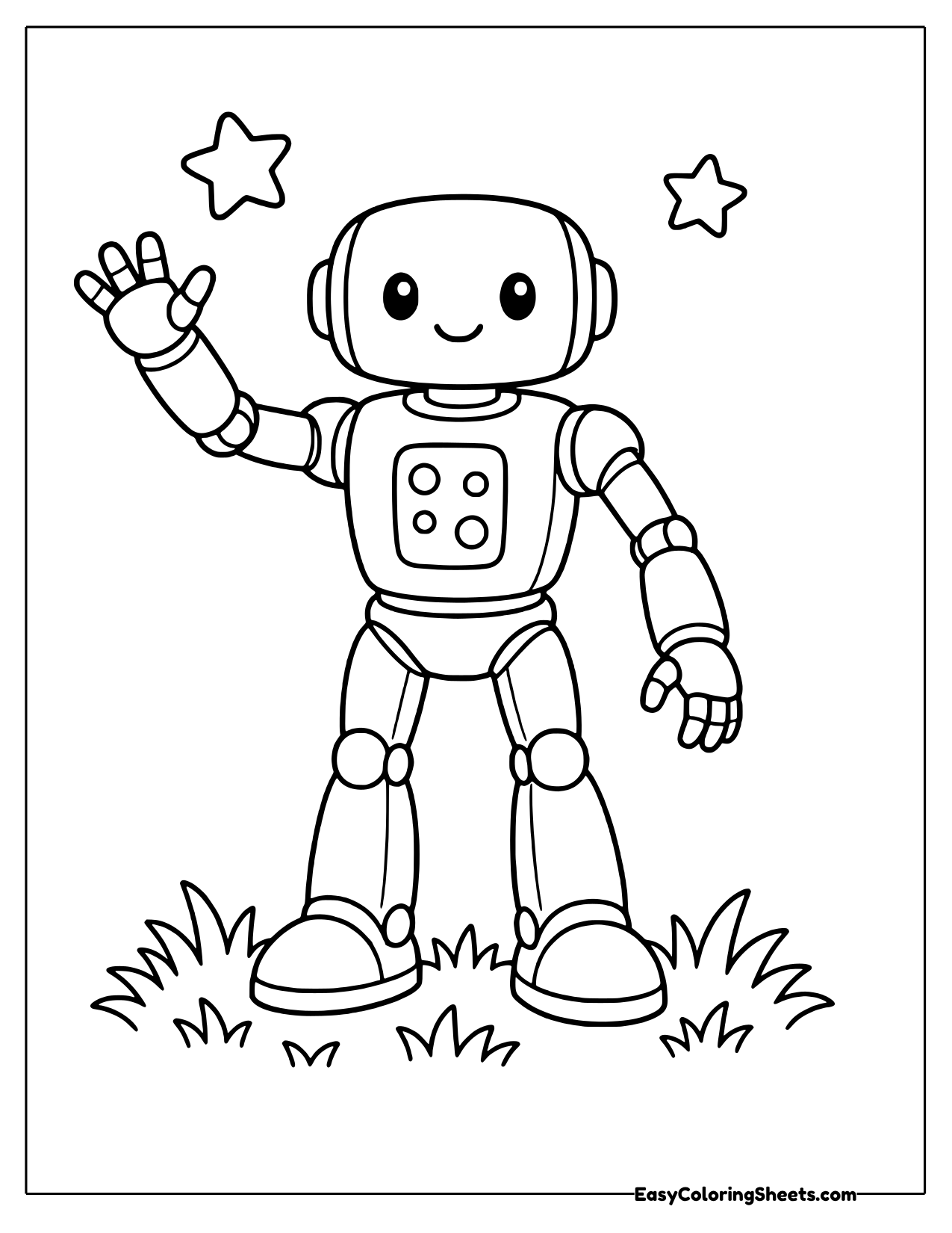 Tall robot waving with stars