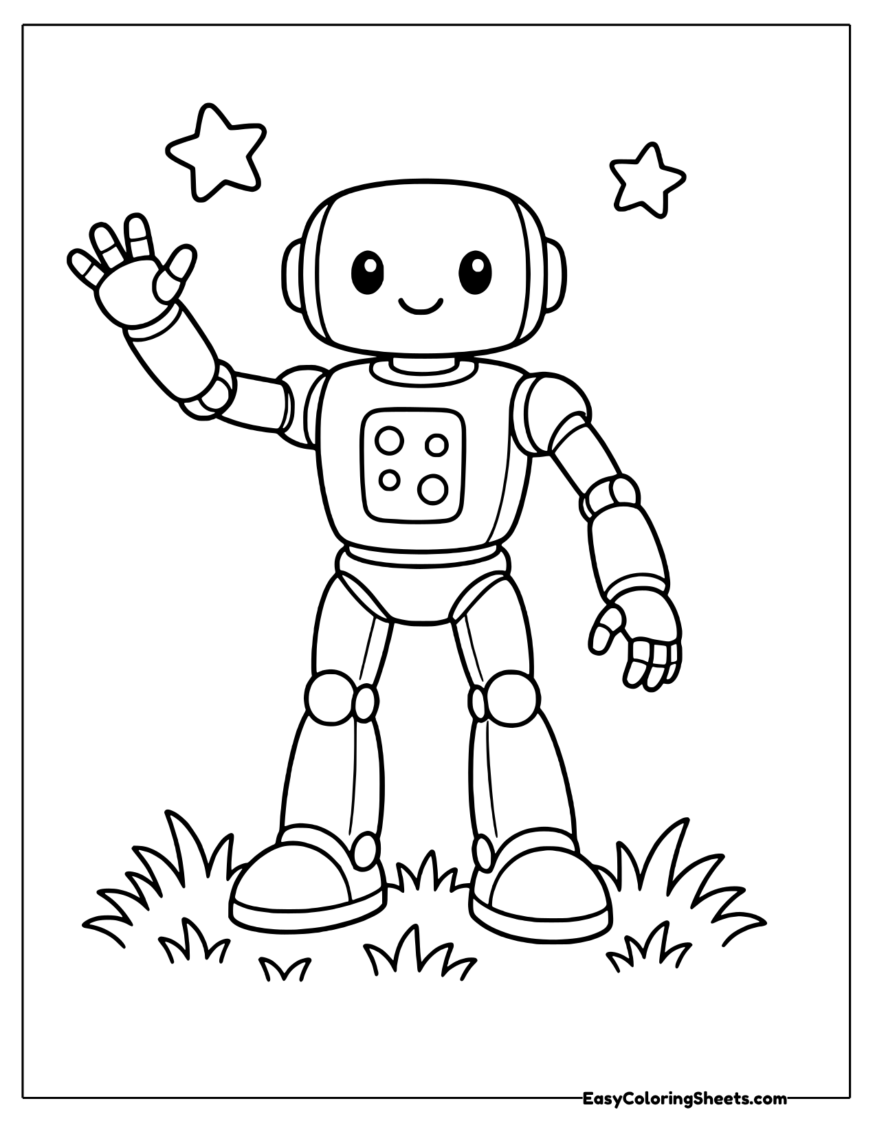 Tall robot waving with stars