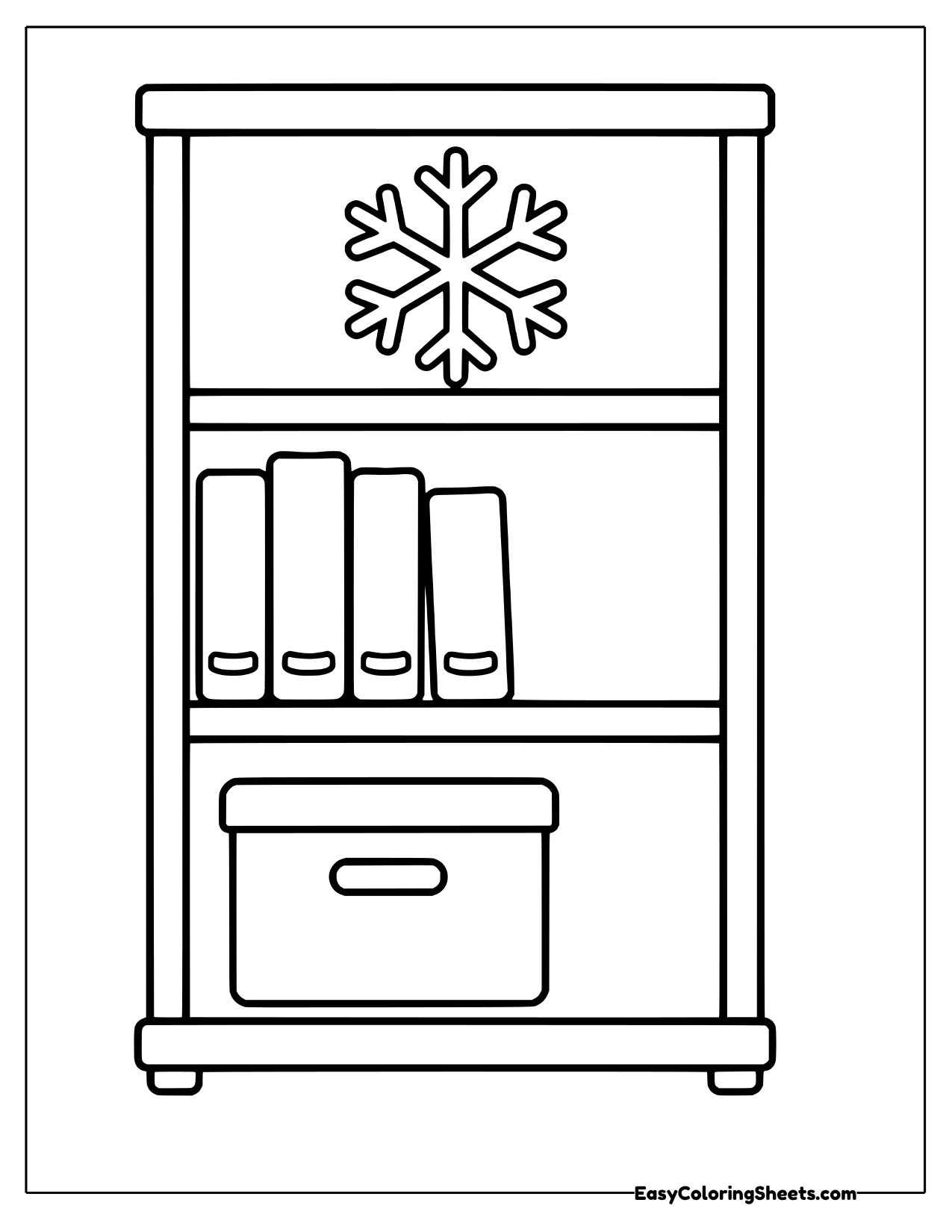 Bookshelf with books, a storage box and a snowflake decoration