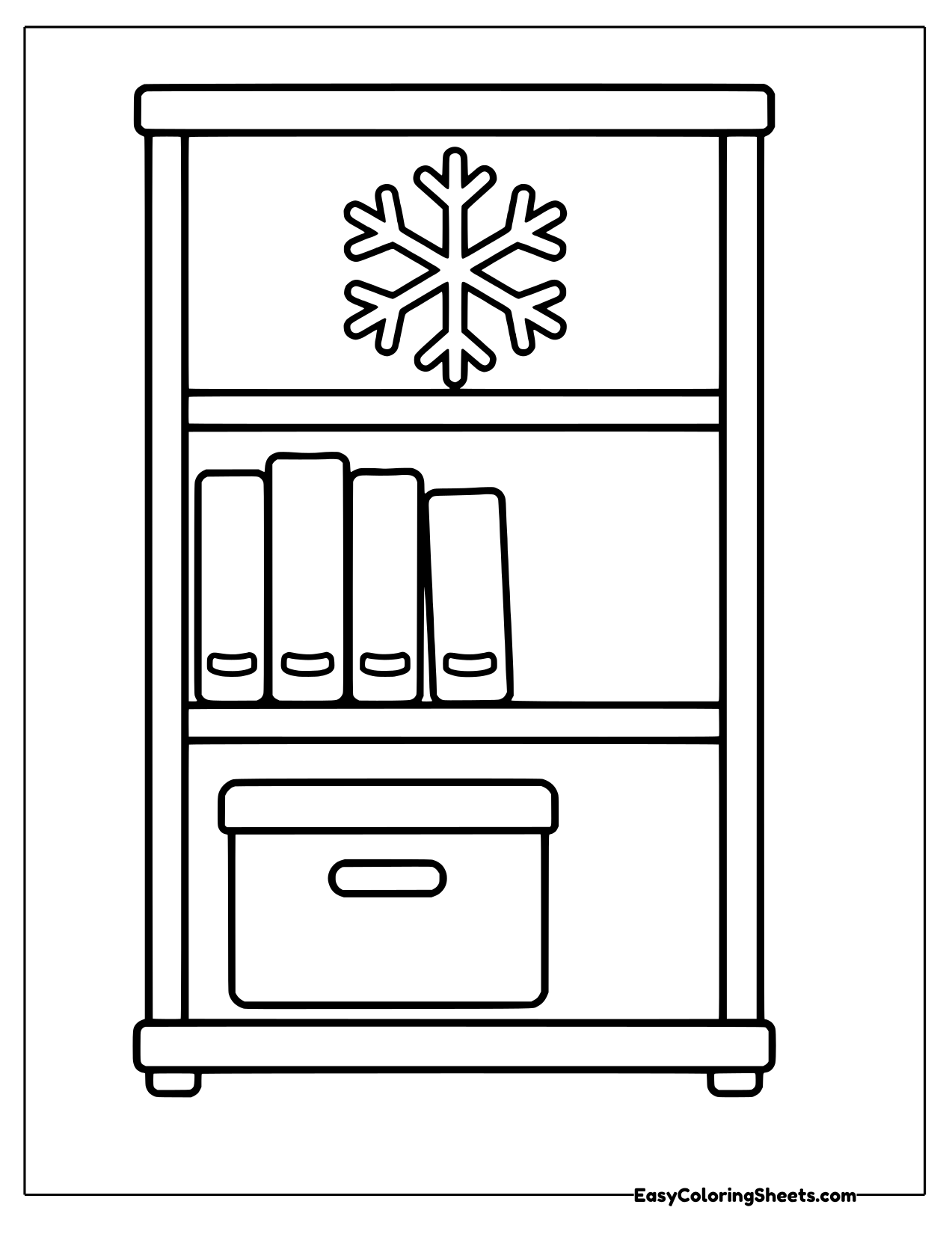 Bookshelf with books, a storage box and a snowflake decoration